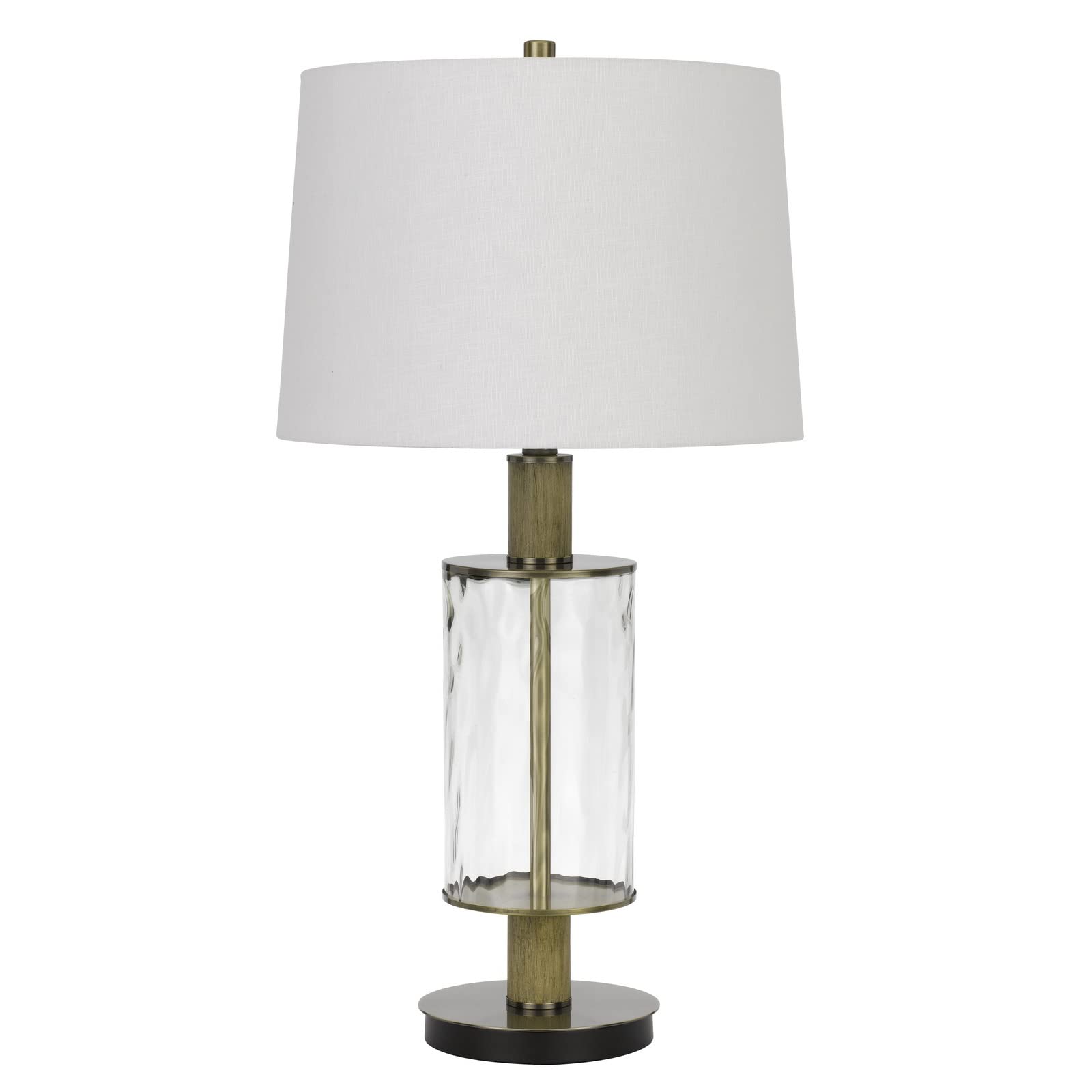 Benjara 42 Inch Clear Glass Table Lamp with Dimmer and Oak Wood Accent