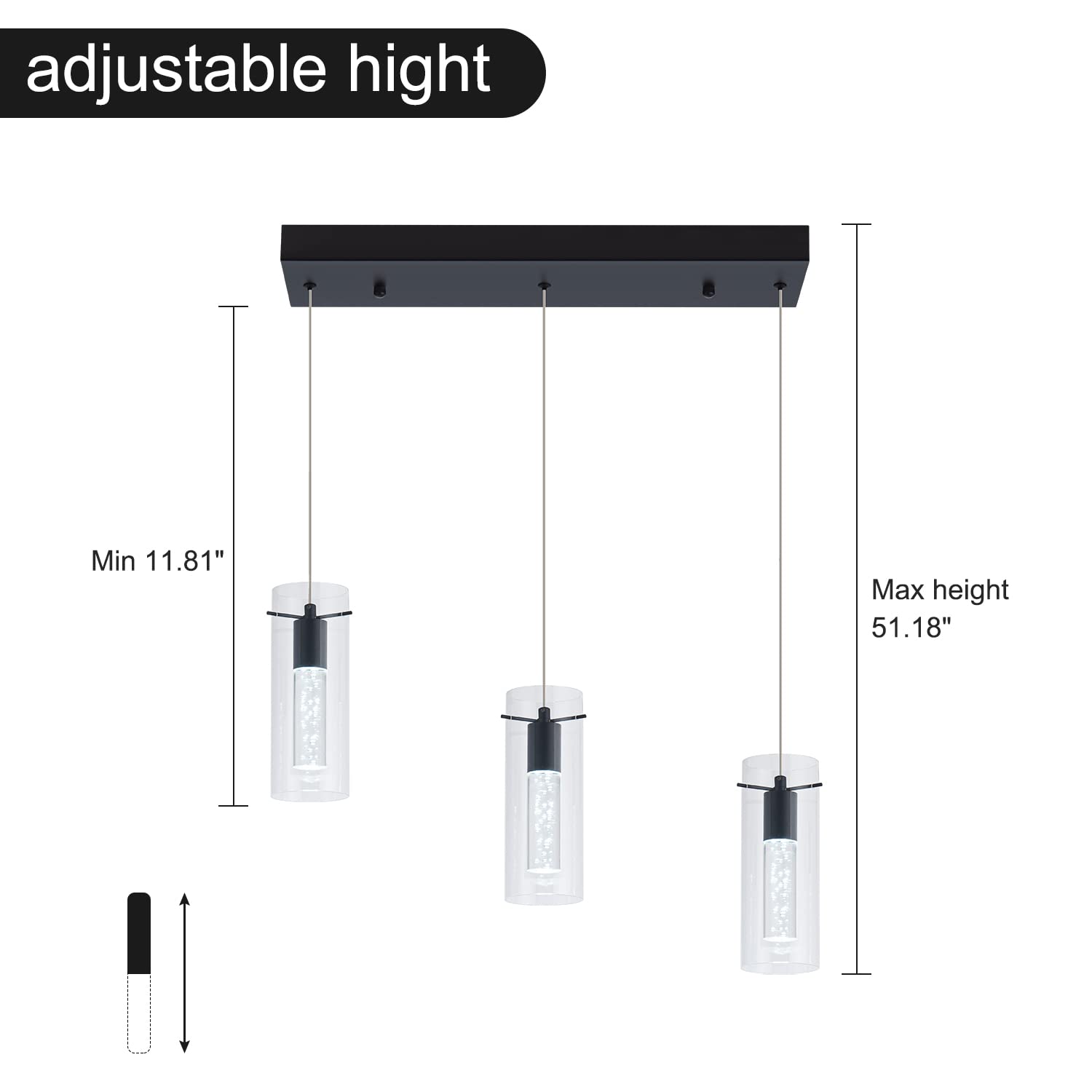 BESTWEST Modern Black Pendant Light Fixture, 3-Light Dimmable Kitchen Chandelier, Glass, Model BW-03