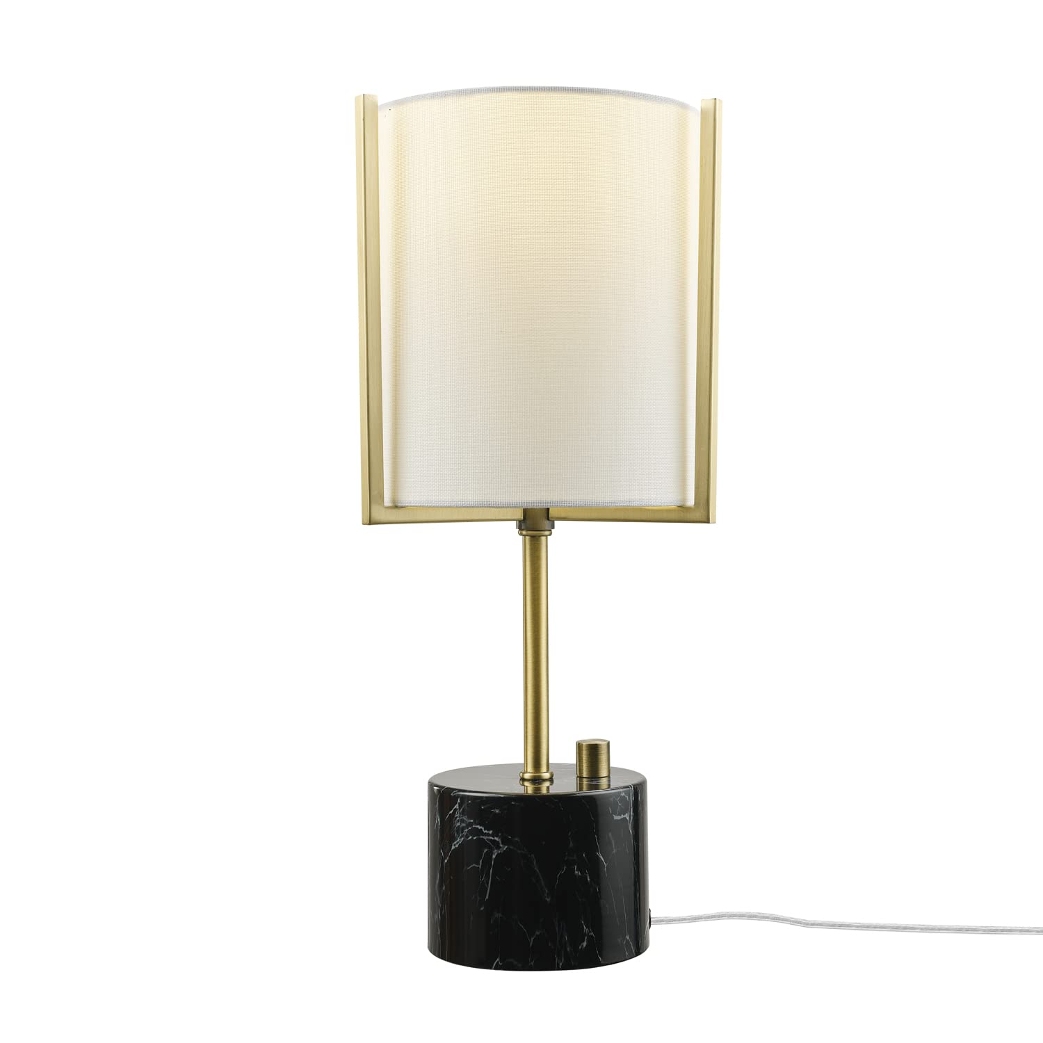 Globe Electric 67532 Table Lamp - 15" Matte Brass with Black Faux Marble Base, White Linen Shade, Stepless Rotary Dimmer