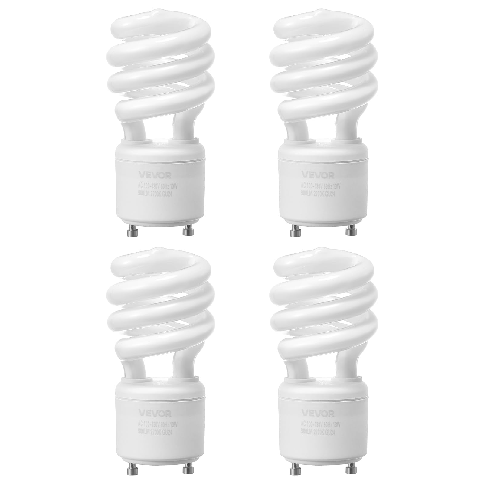 VEVOR 4-Pack CFL Light Bulbs, 13W, 2700K Warm Light, 900lm, GU24 Base, White, Model SN298
