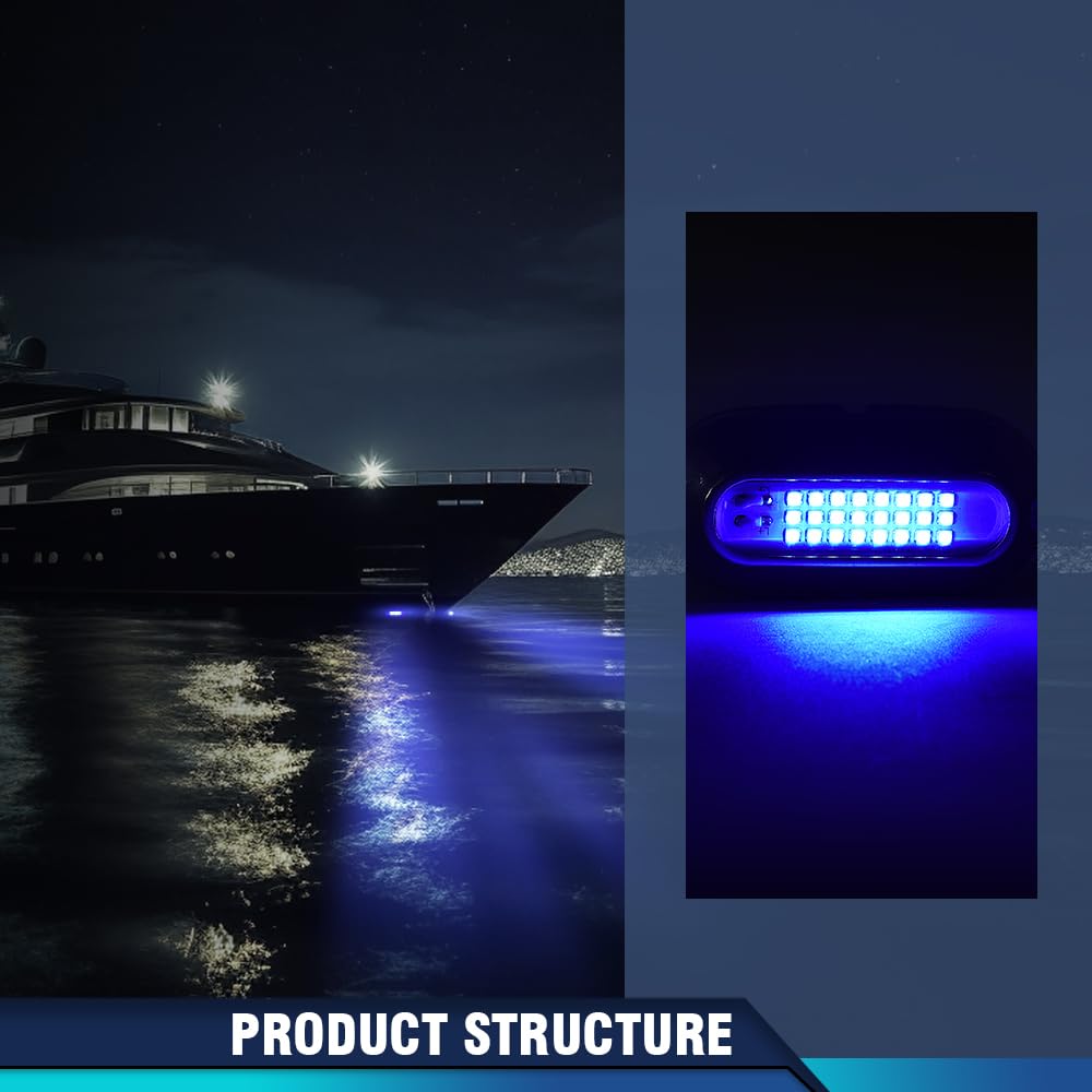 PIT66 LED Pontoon Boat Docking Light - Bright White Housing, 12V, Blue Lighting, 2 Pcs