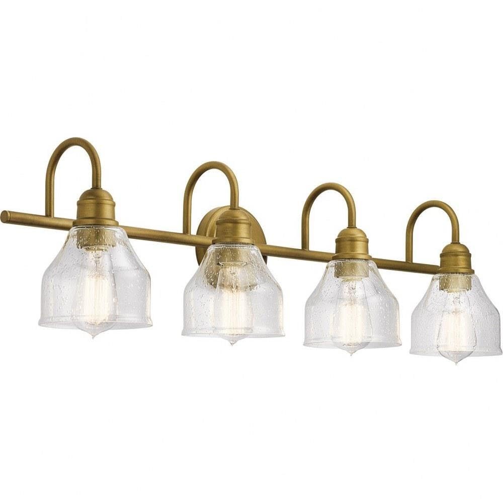 Kichler Avery 33.5 4 Light Bathroom Vanity Light in Natural Brass, Vintage Bathroom Wall Mount Fixture with Clear Seeded Glass, 