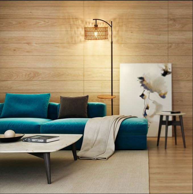 Boho Floor Lamp, Rattan Floor Lamp With Shelf, Bohemian Bamboo Wicker Coastal Rustic Farmhouse Woven Tropical Wood Tall Standing