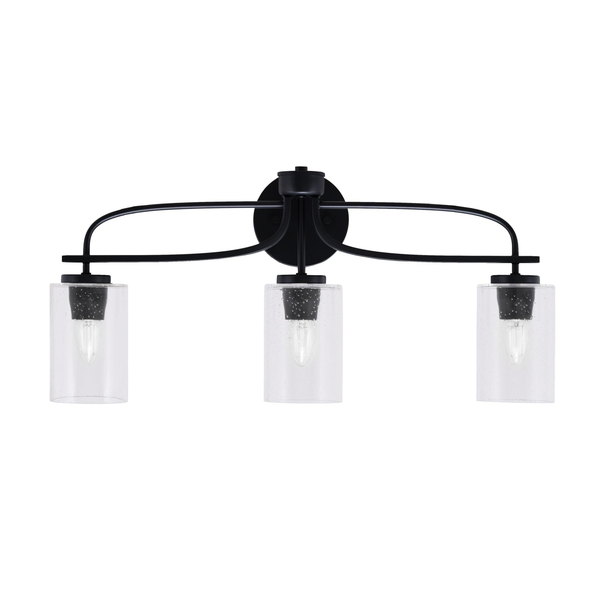 Cavella 3 Light Bath Bar Shown In Matte Black Finish With 4" Clear Bubble Glass