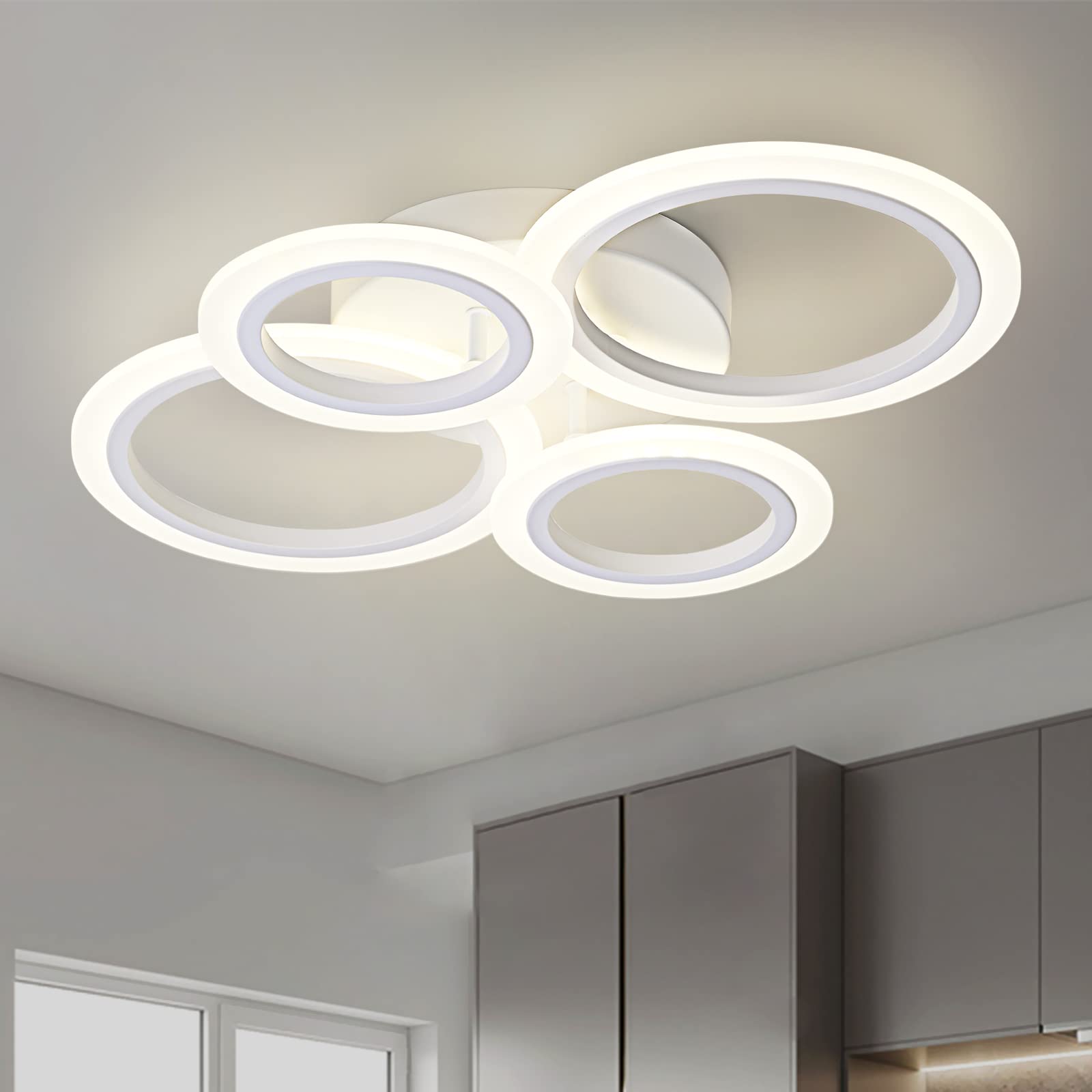 Teminbu Modern Led Ceiling Light, White 4 Rings Flush Mount Ceiling Light, 4000K Lighting Fixture Ceiling Lamp For Kitchen, Bedroom, Living Room, Laundry Room