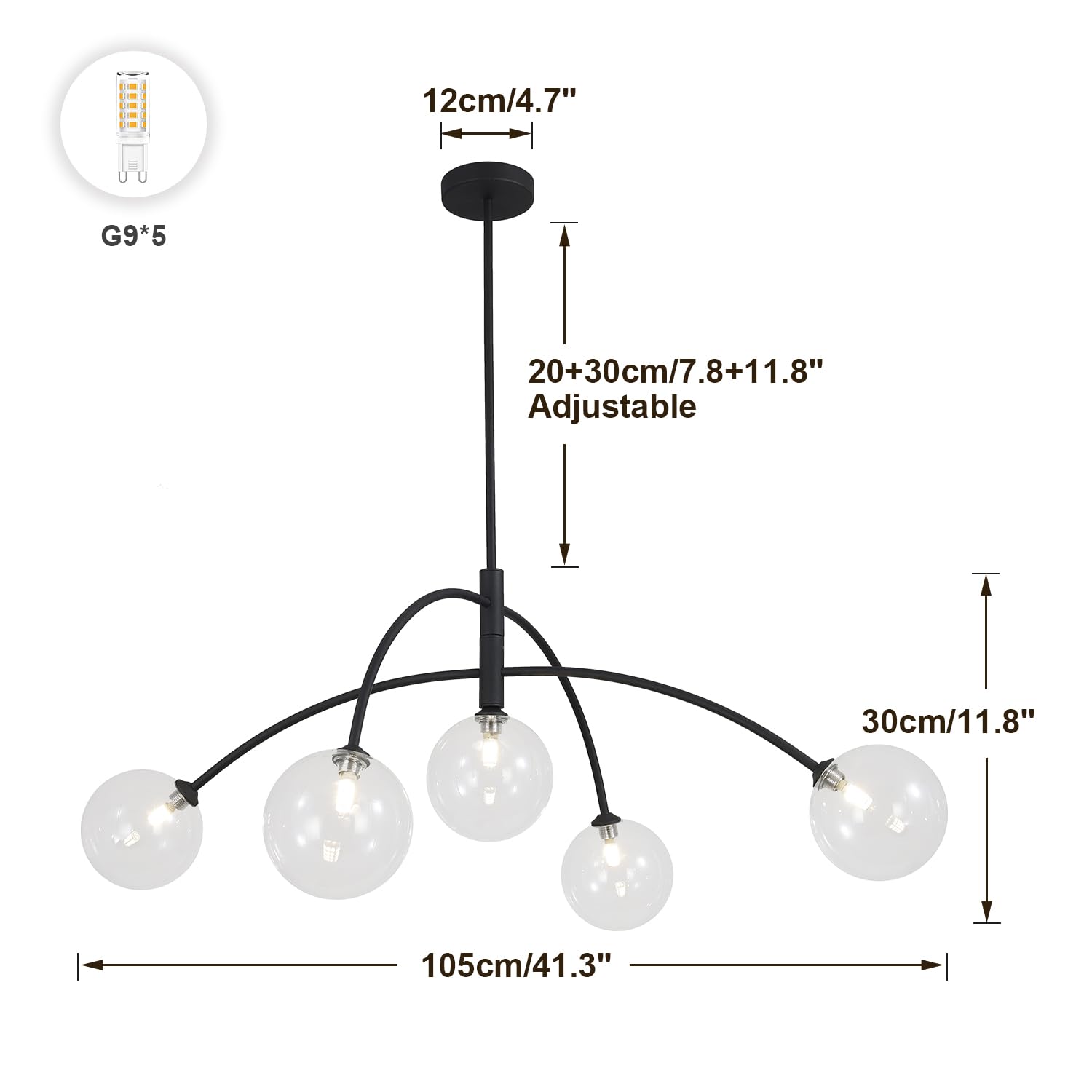 Fulesi Mid Century Modern Sputnik Chandelier Adjustable 5 Light Pendant Light Fixture Clear Glass Black Ceiling Chandelier For D