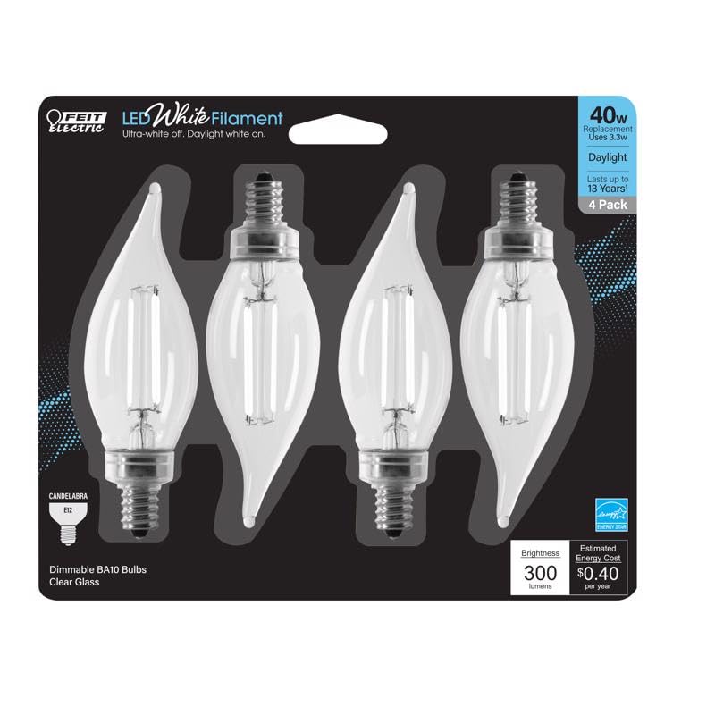 Feit Led White Filament Ba10 E12 (Candelabra) Filament Led Bulb Daylight 40 Watt Equivalence 4 Pk