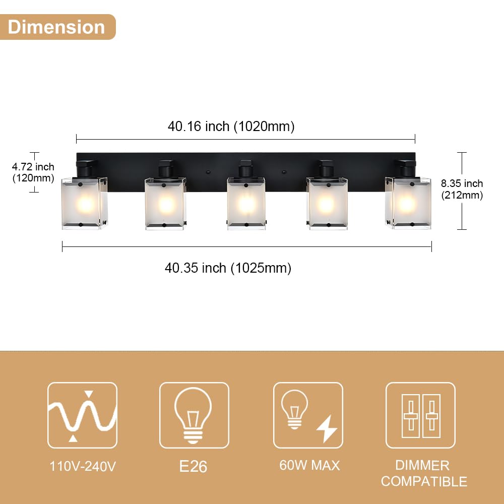 WINSHEN Bathroom Light Fixtures, 5-Lights Modern Vanity Lights, Matte Black, Rectangular Frosted Glass, Model 5WBL-XOTFZO