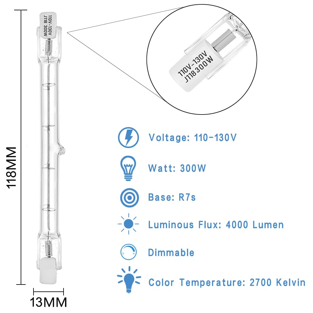 (5 Pack) R7S Halogen 118Mm 300W 120V Dimmable Tungsten J118 T3 J Type Halogen Light Bulbs Double Ended Floodlight Bulb For Work,
