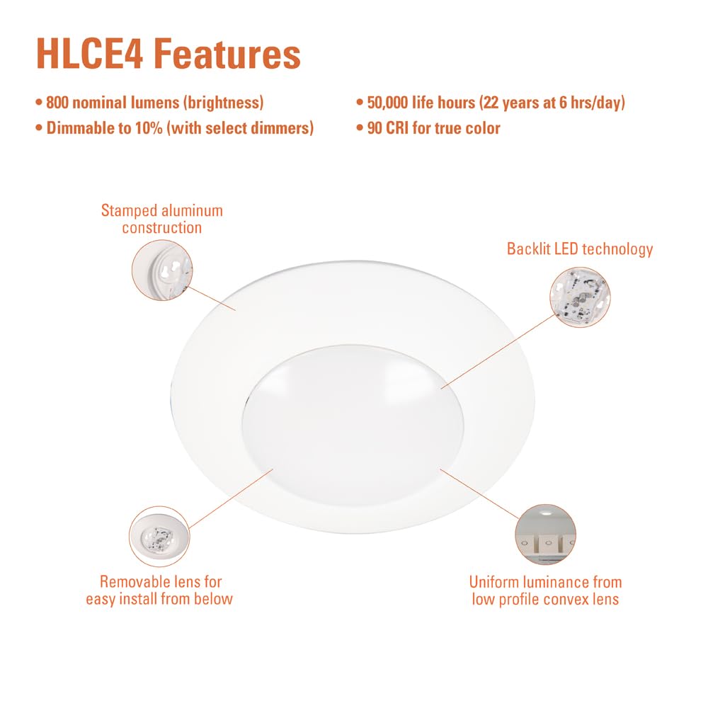 Halo Hlce 4 Inch Integrated Led Recessed Disk Light, 3000K, 700 Lumens, 90 Cri, Title 20 California Compliant, 18-Pack