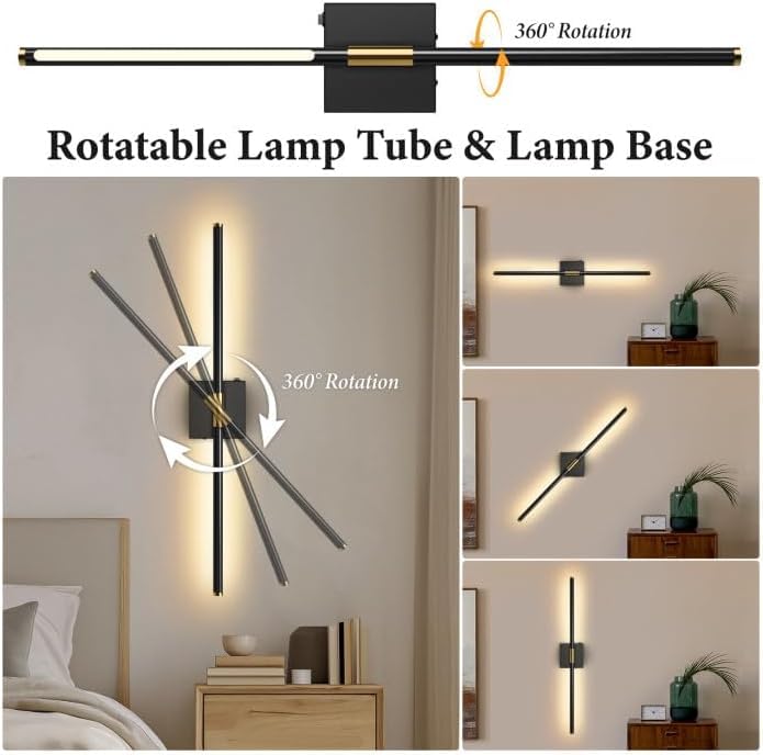 SAIMAND Wall Sconces Set of 2, Battery Operated USB Rechargeable, 8000mAh LED, 360° Rotation, 30in Black, Remote Control for Living Room