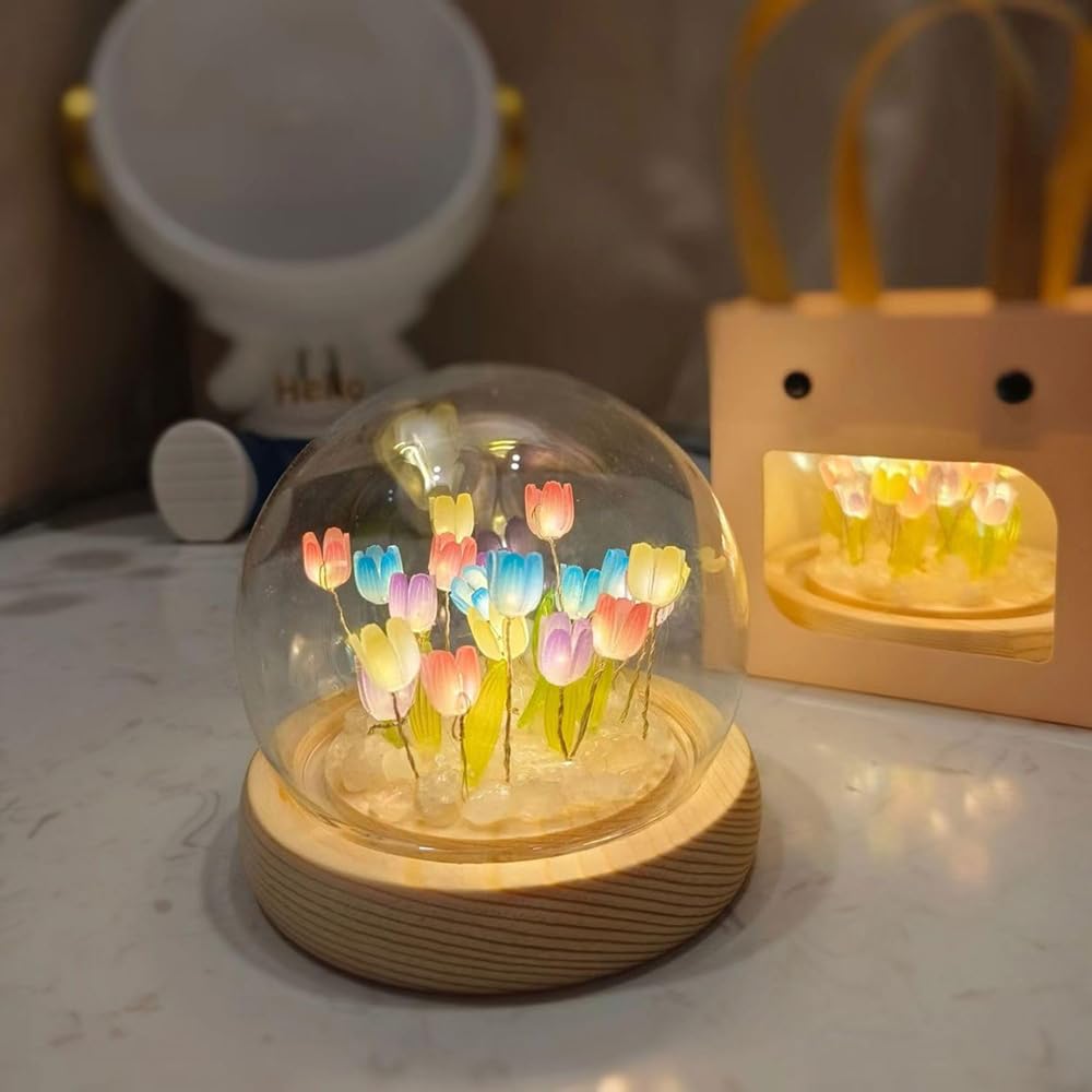 (20 Flower) Assembled Tulip Lamp Night Light With Glass Dome, Cool Handmade Artificial Flower Table Lamp Bedroom Desk Decoration