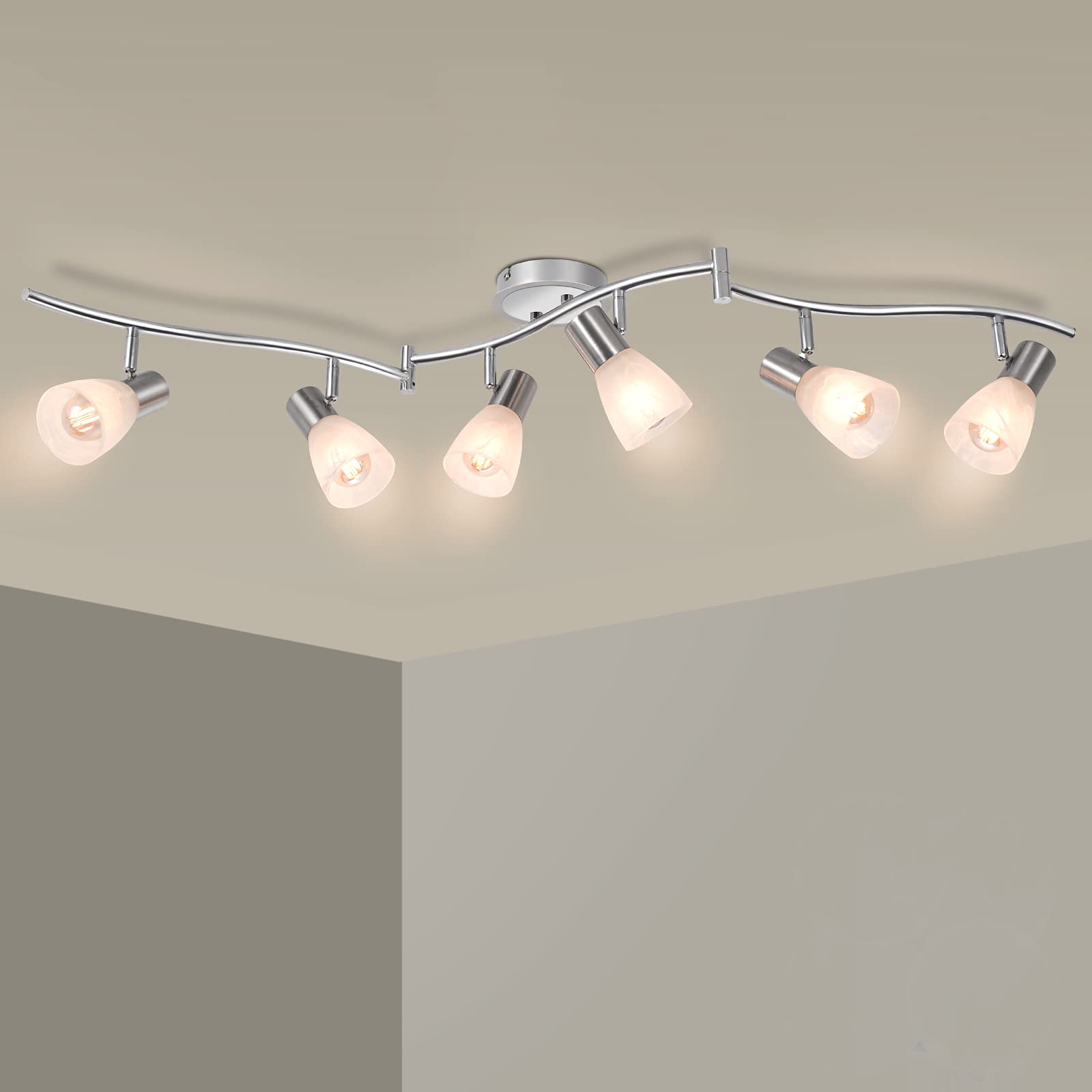 Hibay Led Ceiling Light Fixture  Adjustable 6-Light Track Lighting Kit  Modern Kitchen Spotlight With Glass Lampshade For Living Room Bedroom Hallway  E12 Base (Bulbs Not Included