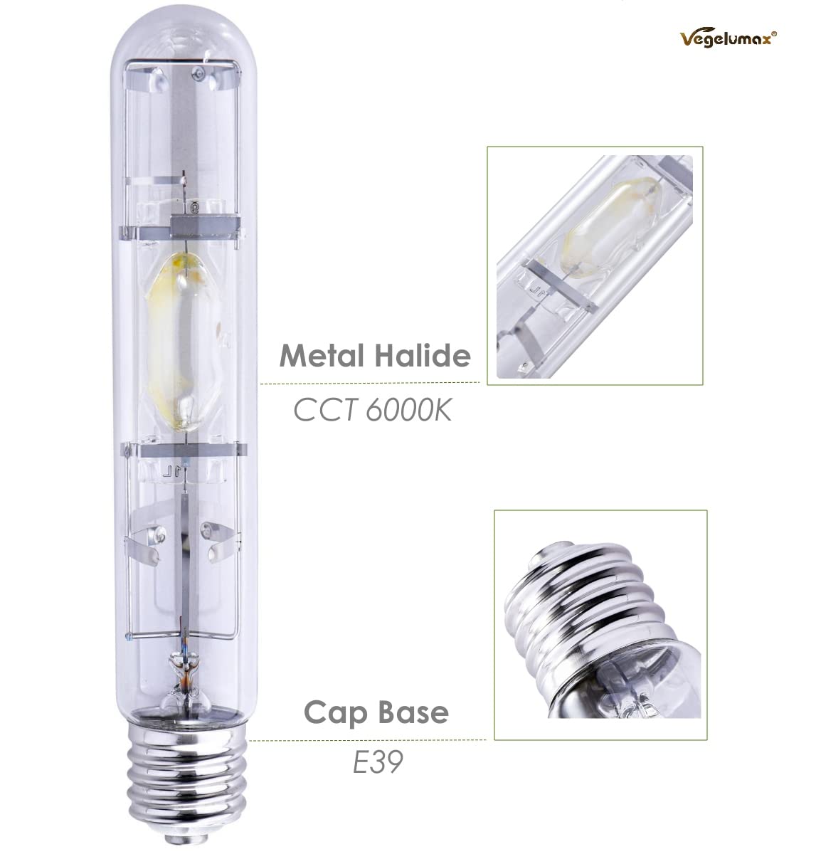 Vegelumax MH 400W Metal Halide Grow Light Bulb, 6000K, 36,000 Lumens, E39 Base, High PAR Blue and Violet Spectrum, 1