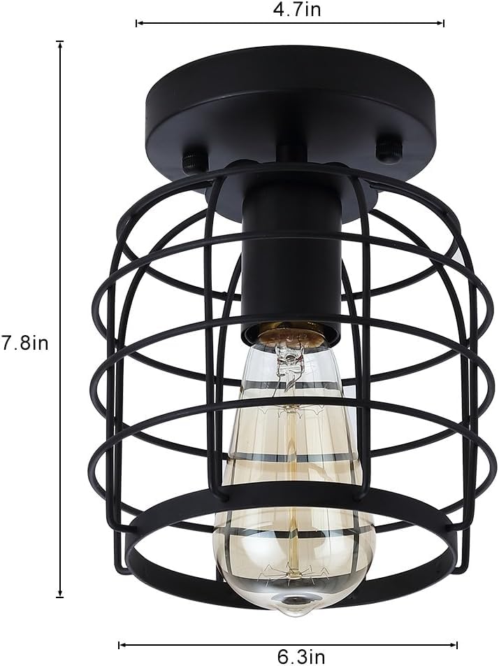 Create For Life® Industrial Vintage Flush Mount Ceiling Light,Rustic Metal Cage Semi Flush Mount Ceiling Lamp Fixture For Hallway Stairway Kitchen Garage, E26, Black Finish,2 Pack