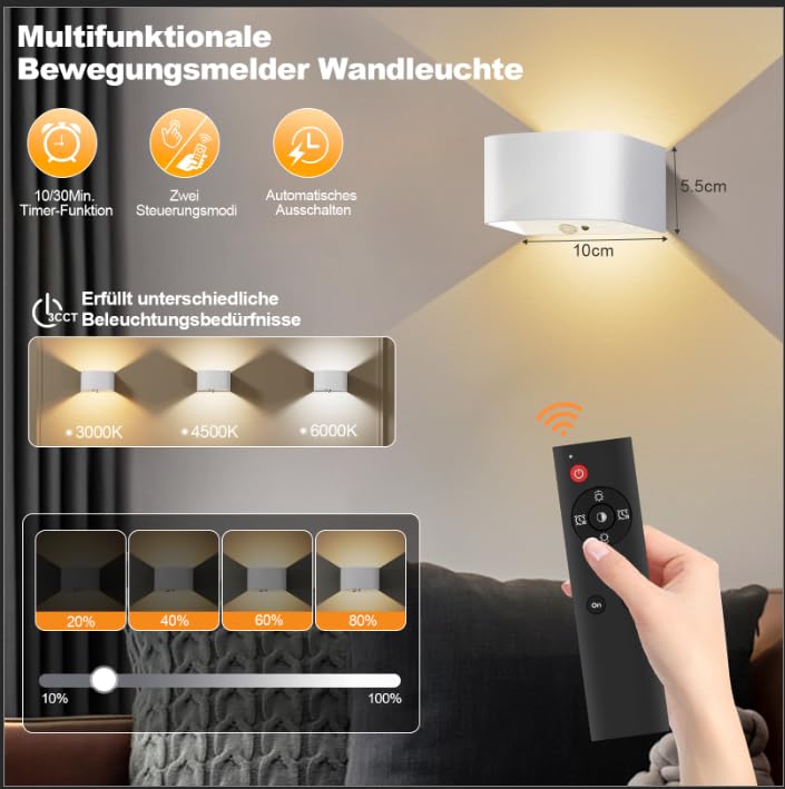 Audor Motion Sensor Wall Light with Remote Control, 3-Color Temperature, 5000mAh Battery, White, Model WL04