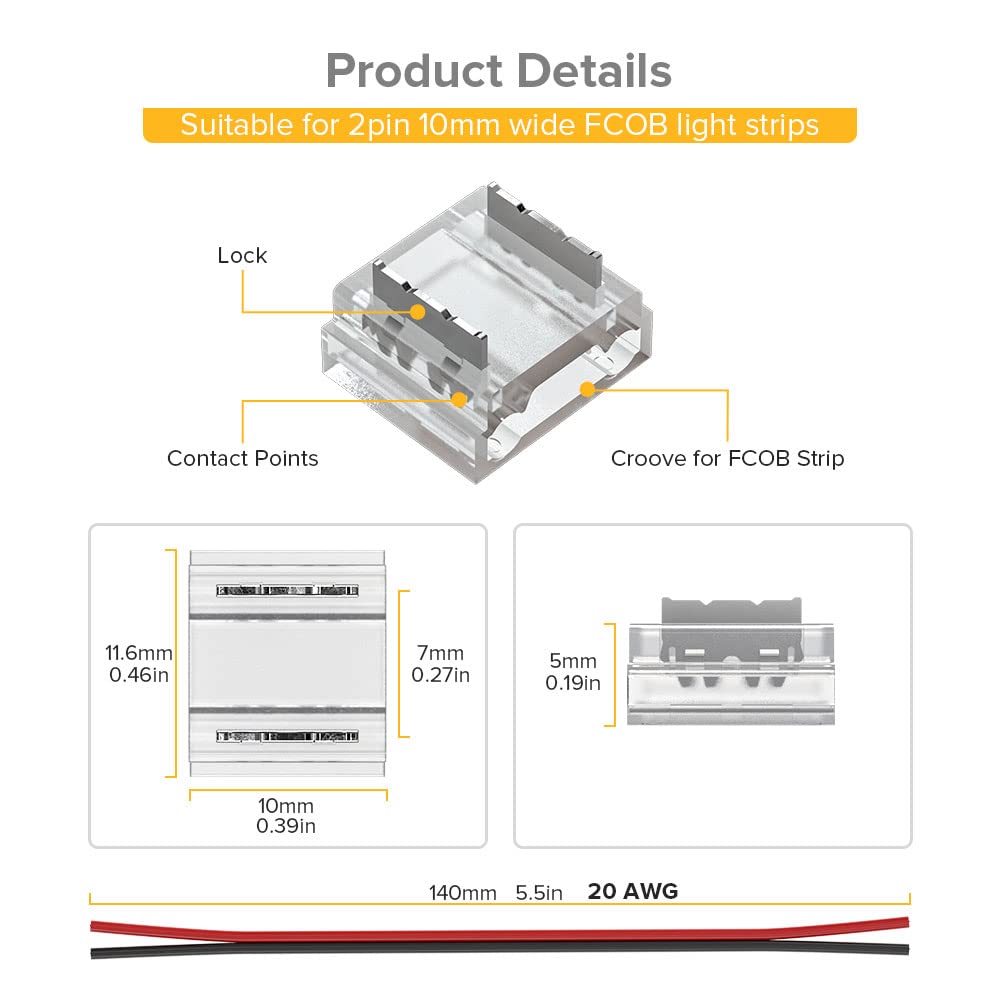 Btf-Lighting Fcob Cob 10Mm 0.39In Connector Kit 14Pcs Transparent Connector 5Pcs 15Cm Long 20Awg Extension Wires For Non-Wired G
