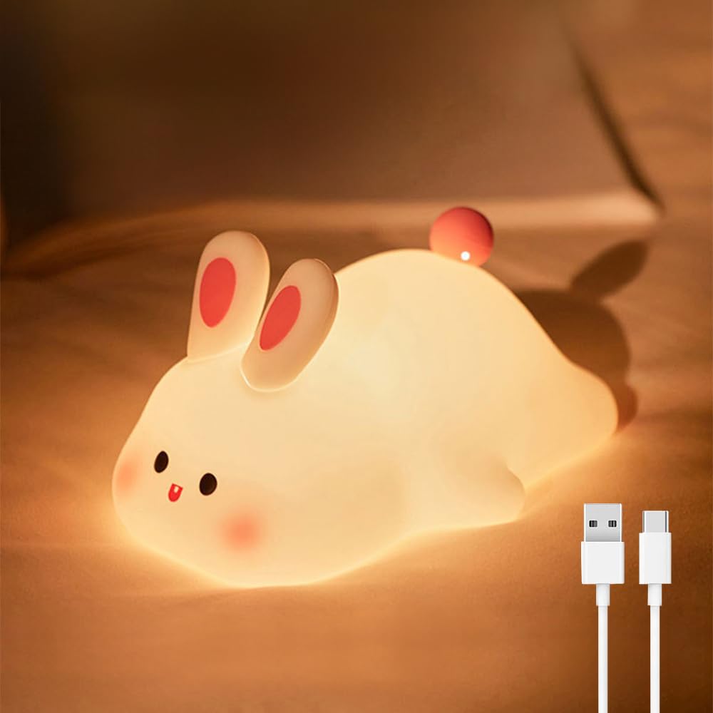 IFTHFOUR Bunny Night Light - 16 Color Kawaii Silicone Lamp, Rechargeable Dimmable Nursery Light, Soft Touch Rabbit Nightlight fo