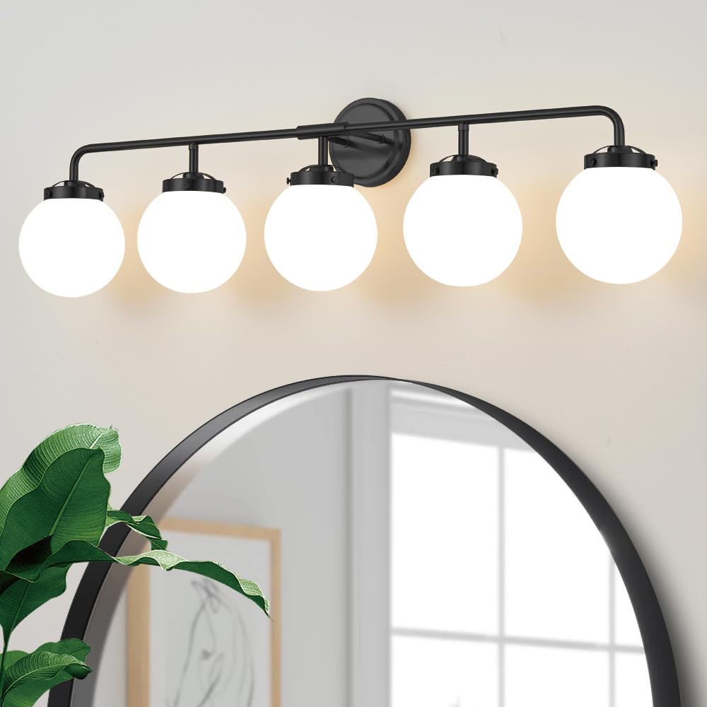 Deyidn Bathroom Light Fixtures Over Mirror, 5-Light Matte Black Vanity Lighting With Milk White Glass Globe Shades Modern Wall S