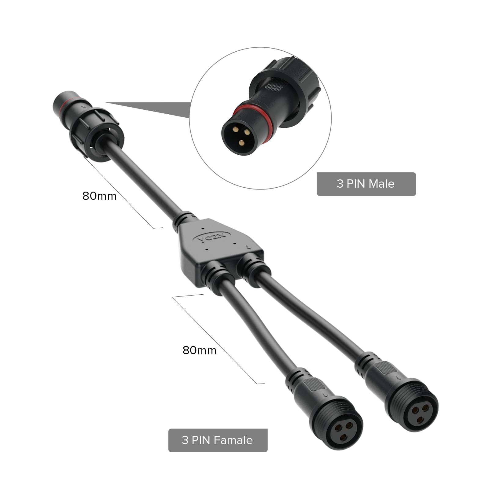 BTF-LIGHTING 3 Core 3Pin Y Shape Splitter Connector, 1 Male to 2 Female, IP65, 0.75mm²/18AWG, Black,