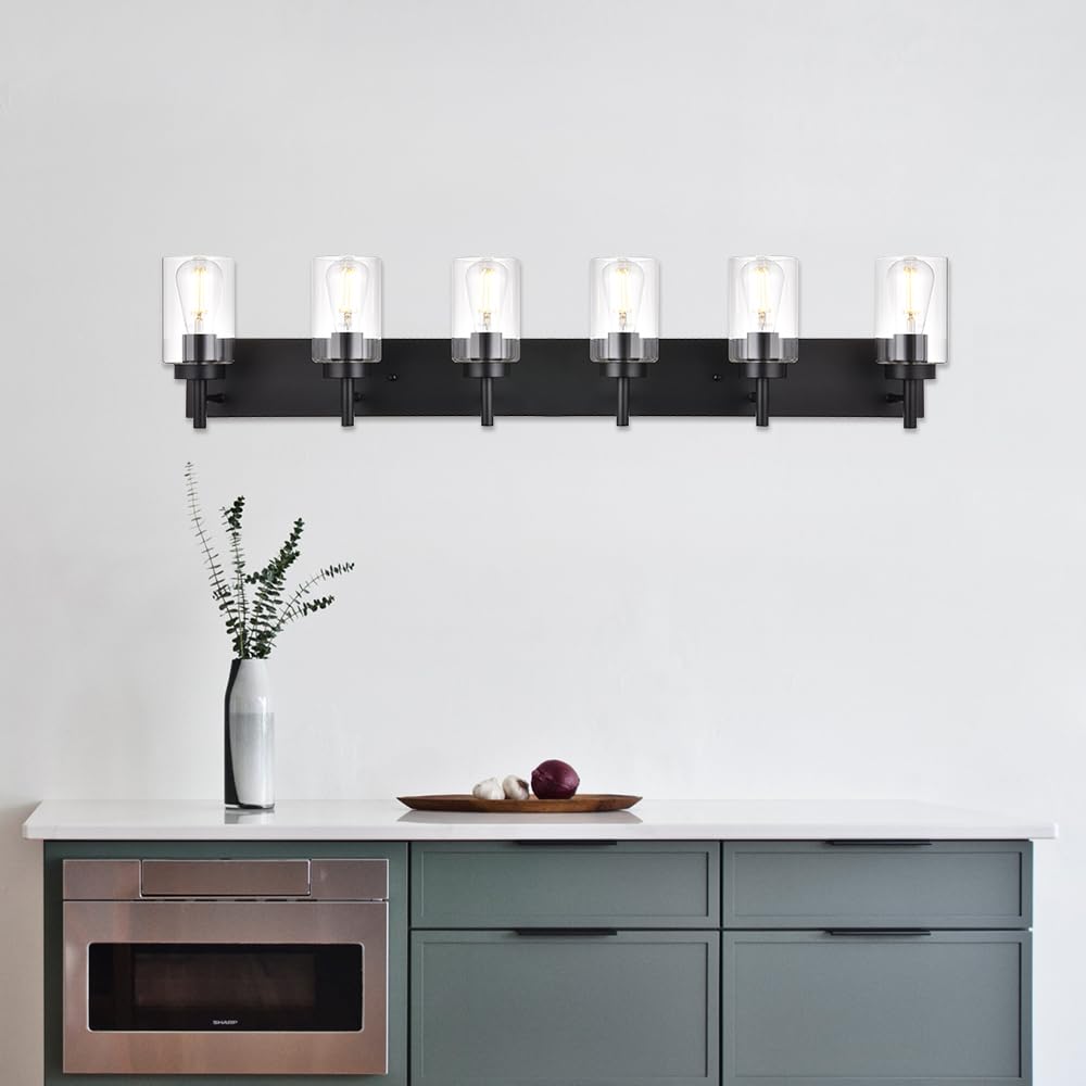 VINLUZ 6-Light Bathroom Vanity Light Fixture, Black Glass Shade, Modern Industrial Wall Sconce, Model 1810-6W-11
