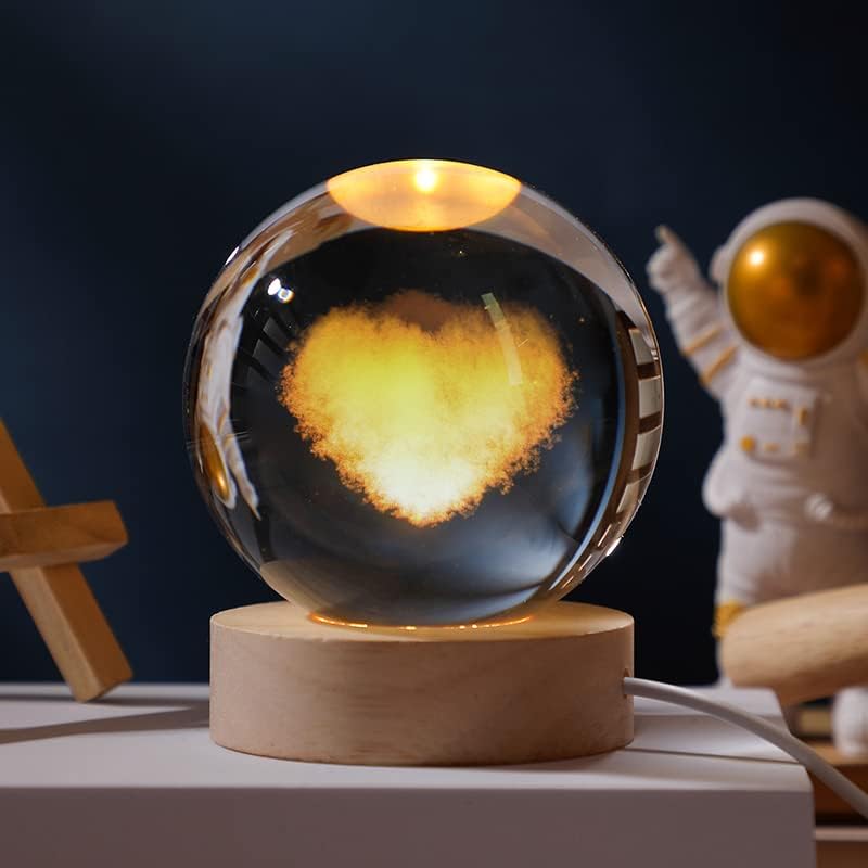 JANARARY 3D Galaxy Crystal Ball Night Light with Colorful LED Base, Remote, 6cm Heart-Shape Cloud Model, Ideal Gift for Kids
