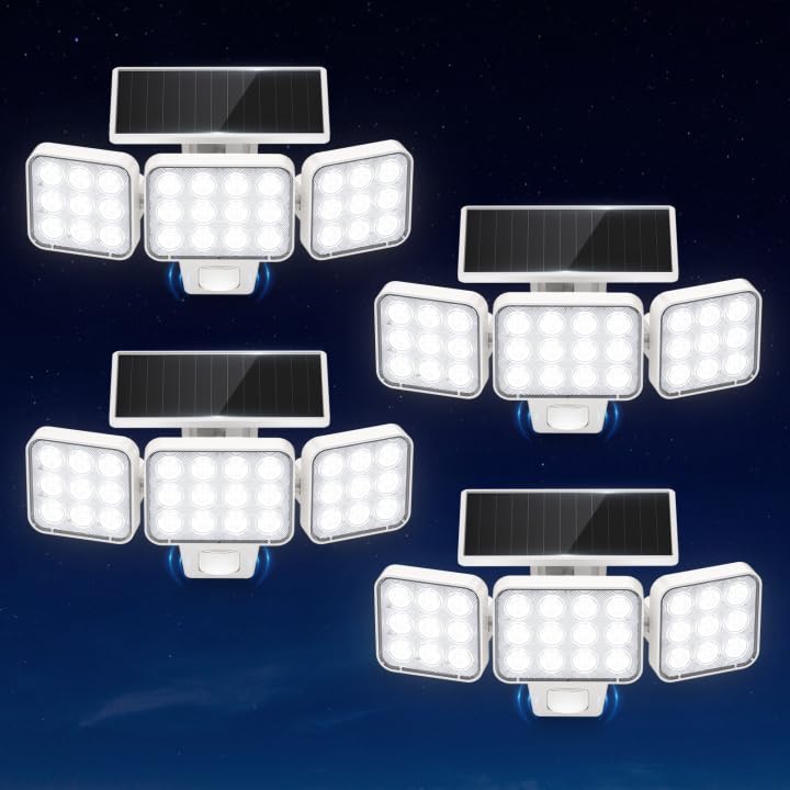 WdtPro Solar Lights Outdoor Motion Sensor 4Pack  3500LM Bright Solar Flood Lights Outdoor  Adjustable & Upgrade Glass Panel  Wireless LED Solar Powered Security Spot Lights Waterproof for Yard-White