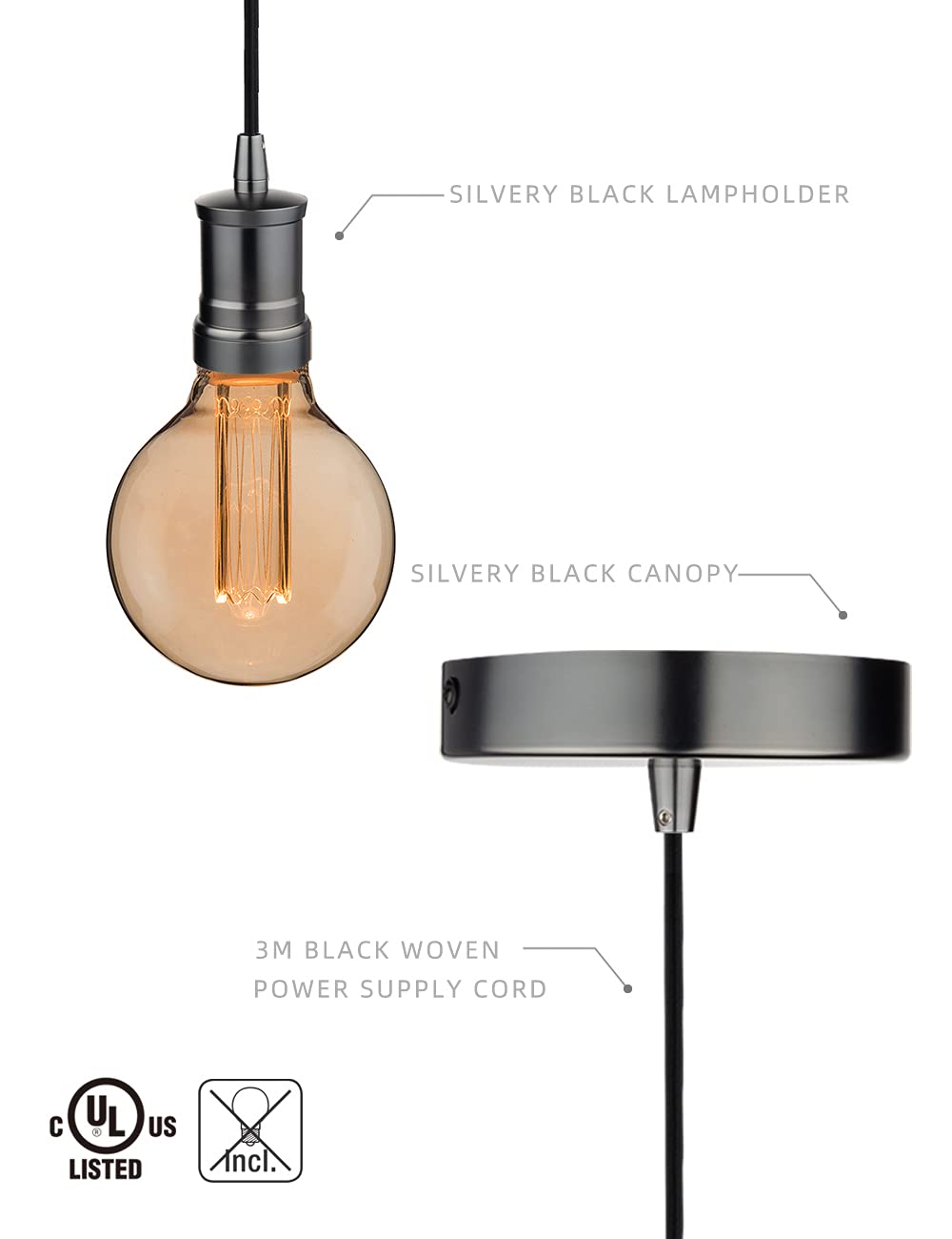 Harwez Silvery Black Pendant Light Fitting Industrial Style, Smoked Pearl Ceiling Lighting Fixture, Single Light Socket, 4.75'' Canopy, Adjustable 10Ft Black Fabric Cord, E26 Lampholder, Lp-116-1