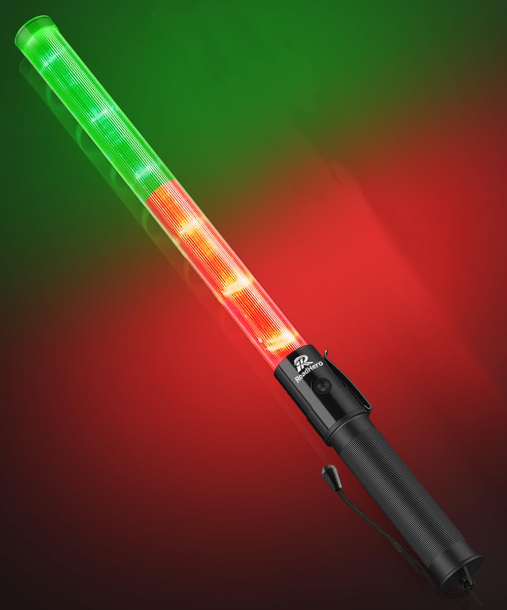 RoadHero 1 Pack 21 Inch Traffic Wands, Red and Green Led Traffic Control Baton, Safety Light Wand with 3 Flashing Modes, Air Mar