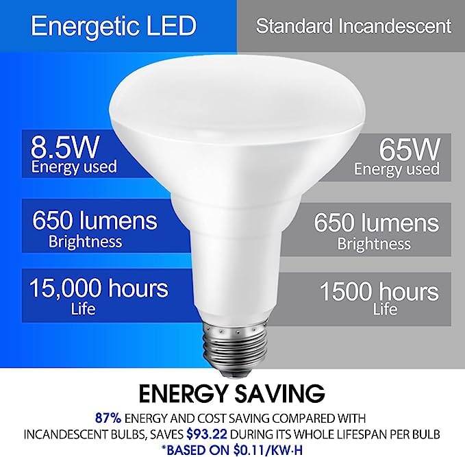 Energetic 6 Pack 65W Br30 Led Recessed Light Bulb, Dimmable, 650 Lumens, Warm White 3000K, Cri 90+, E26 Base, Indoor Flood Light