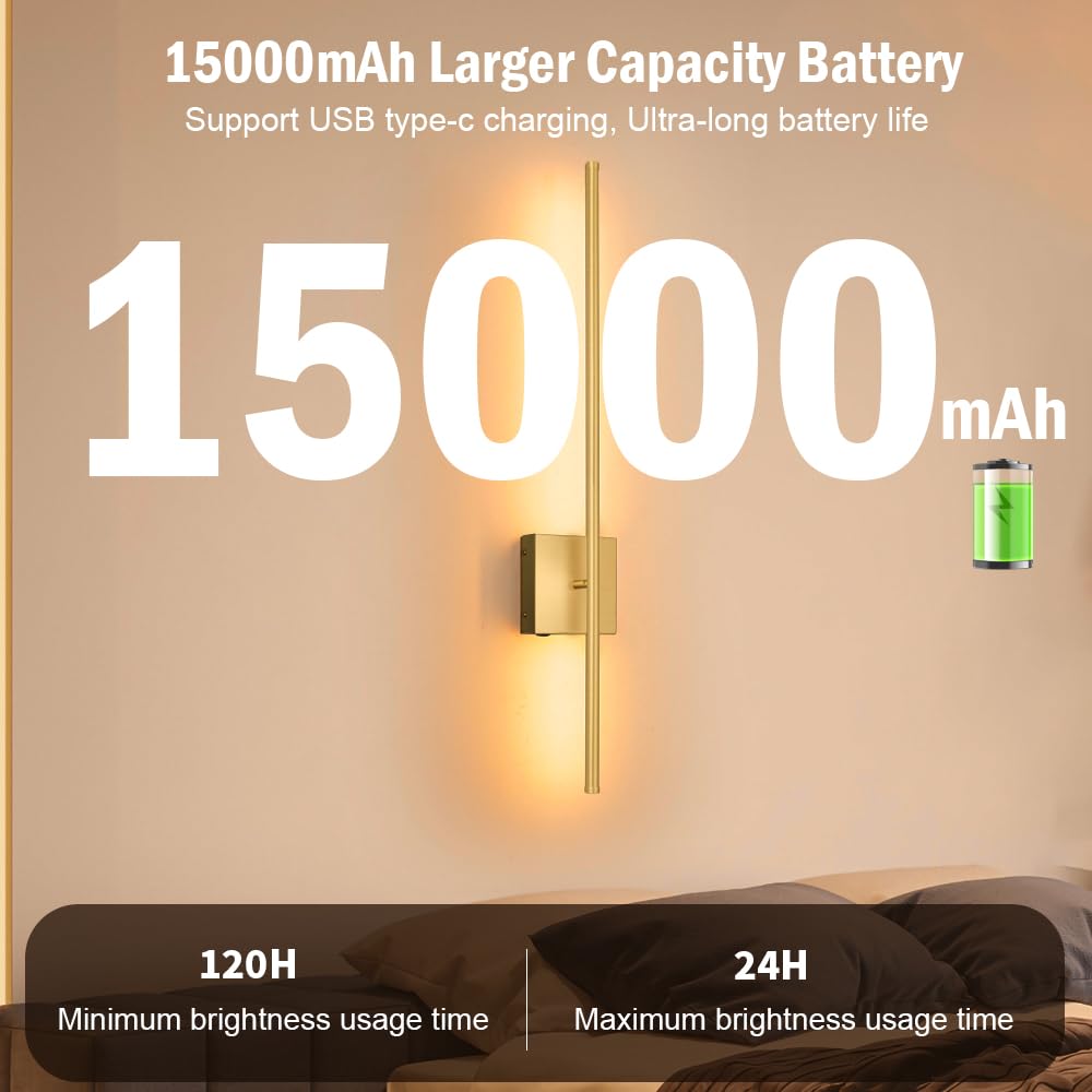 Ditoon Battery Operated Wall Sconce Set of 2, Dimmable Gold USB Rechargeable, 31.6in Wireless Metal Lighting