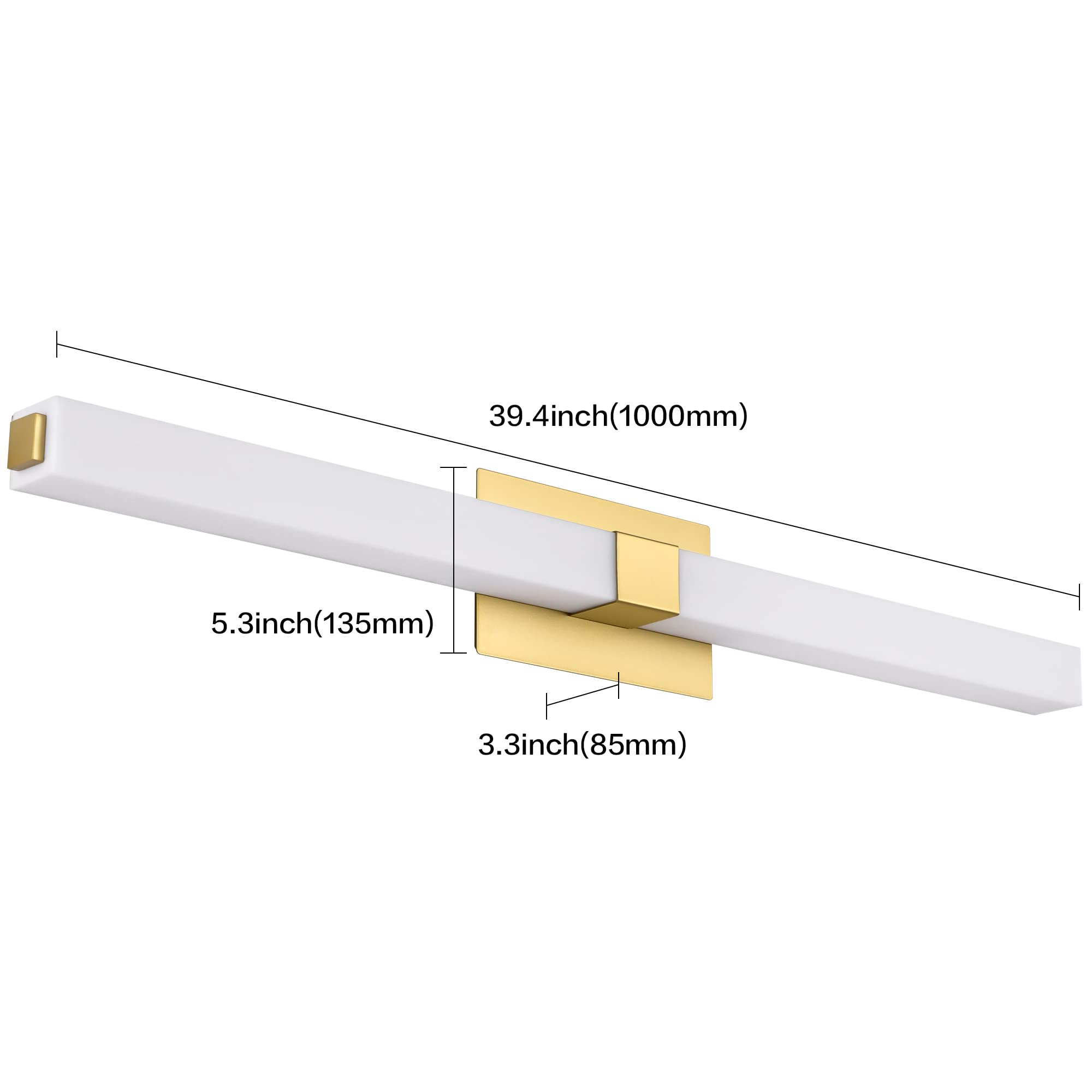 ZUZITO 40in LED Vanity Light Fixture, Gold Finish Metal, Bright White Acrylic Shade, Model S16001-1000mm-ND