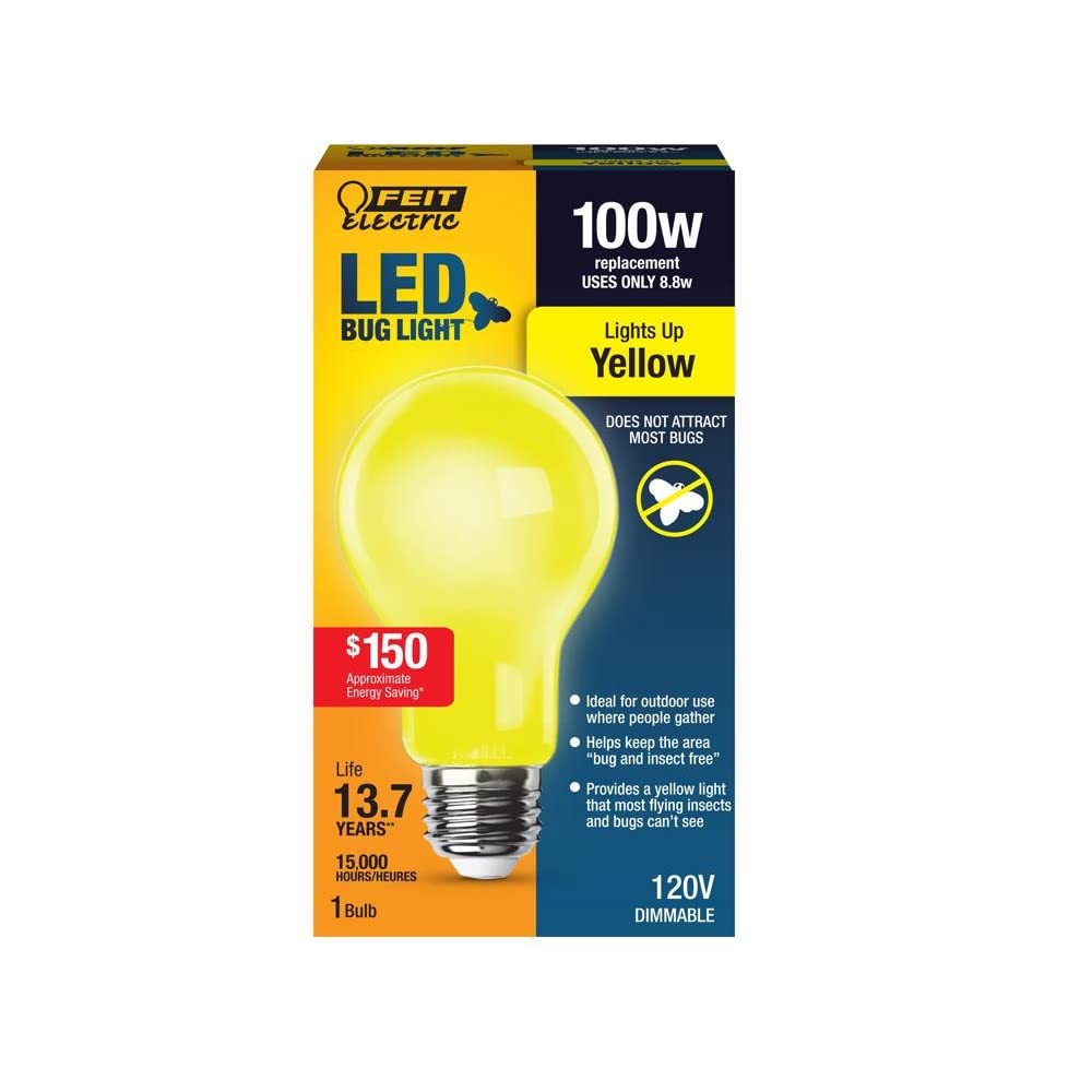 Feit Electric A19 LED Bug Light Bulb, 100W Equivalent, Dimmable, E26 Base, 800 Lumens, Yellow, Pack of 1, Model A19100/