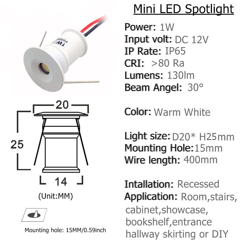 Quentacy Mini LED Spotlight 1W DC12V 3000K White Shell 10-Pack for Jewelry Display and Reading Lighting