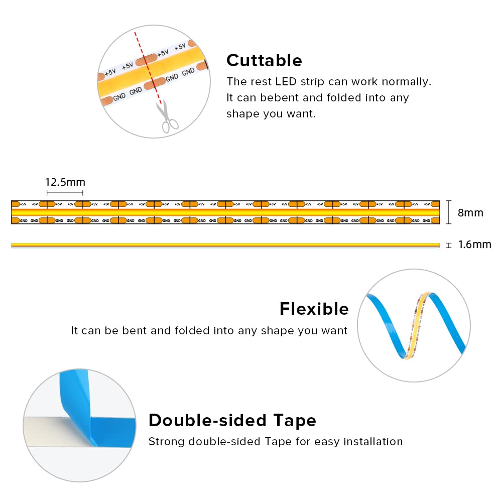 BTF-LIGHTING LED Strip Lights, Warm White, 3.28FT, USB Powered, Dimmable, 320 LEDs, Flexible FPCB for Home Decoration