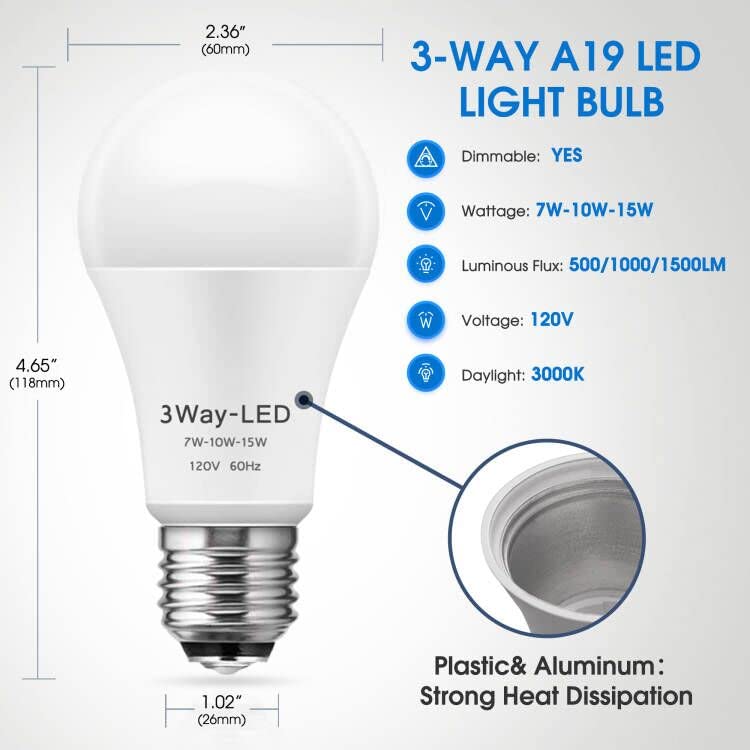 Briignite 3 Way Led Light Bulbs, 3-Ways Light Bulb 50 100 150W Equivalent Daylight 5000K A19 E26 Base, Three Way Light Bulbs Ind