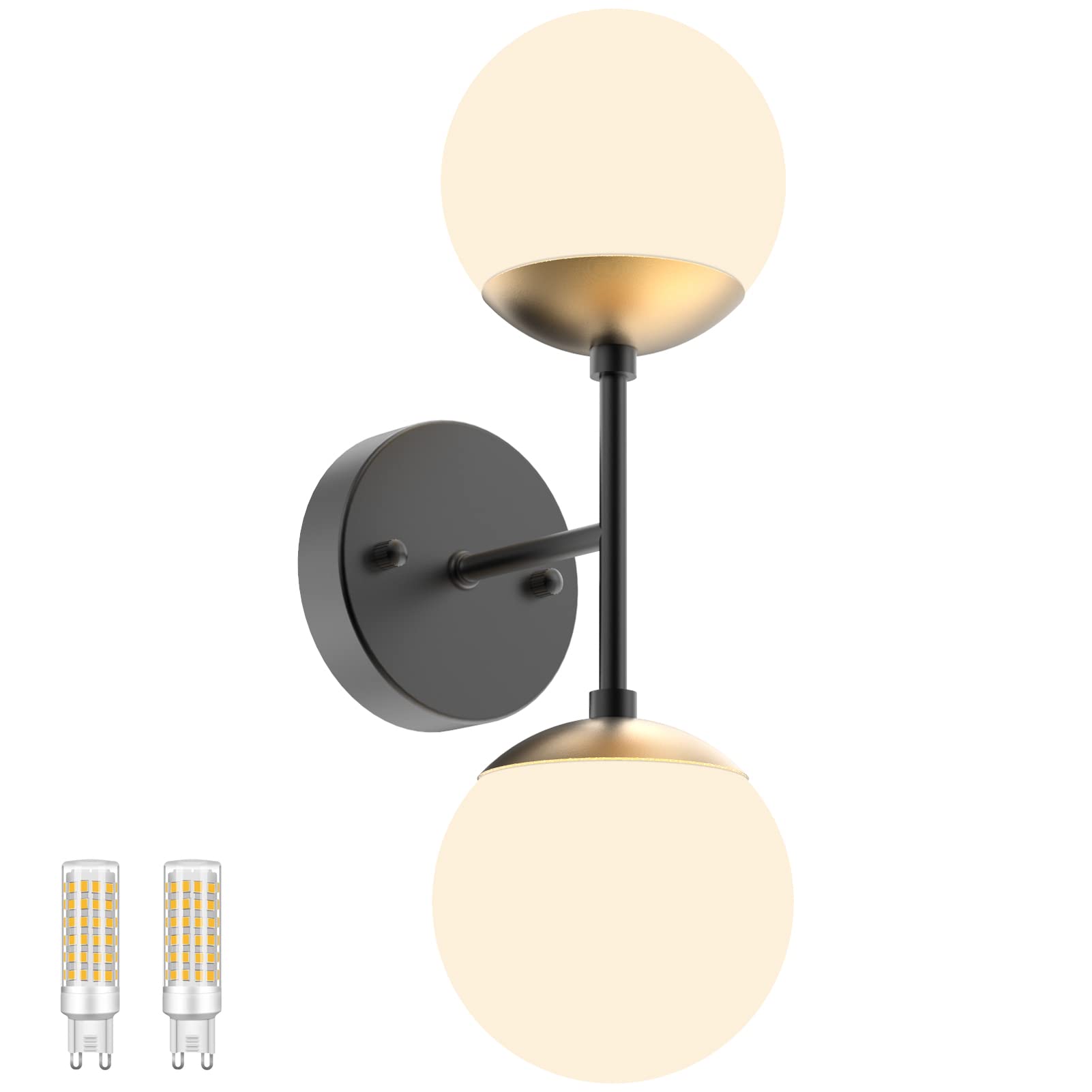 Tipace Wall Light Sconce, Mid Century Modern, 2 Lights, 3000K Bulbs Included, Black and Gold, Model 020