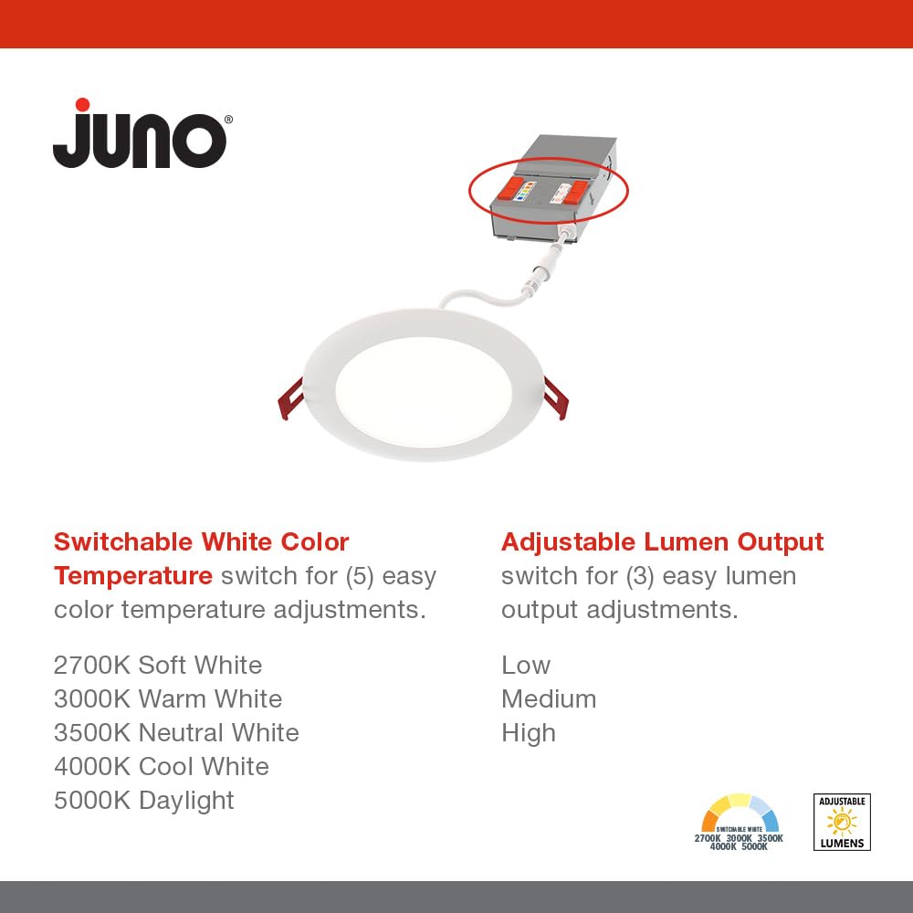 Juno Wf6 Alo20 Sww5 90Cri Mw M6 Cp12 Round Baffle Led Downlight, 120 Volts, 2700K/3000K/3500K/4000K/5000K, Triac Dimming, 6-Inch