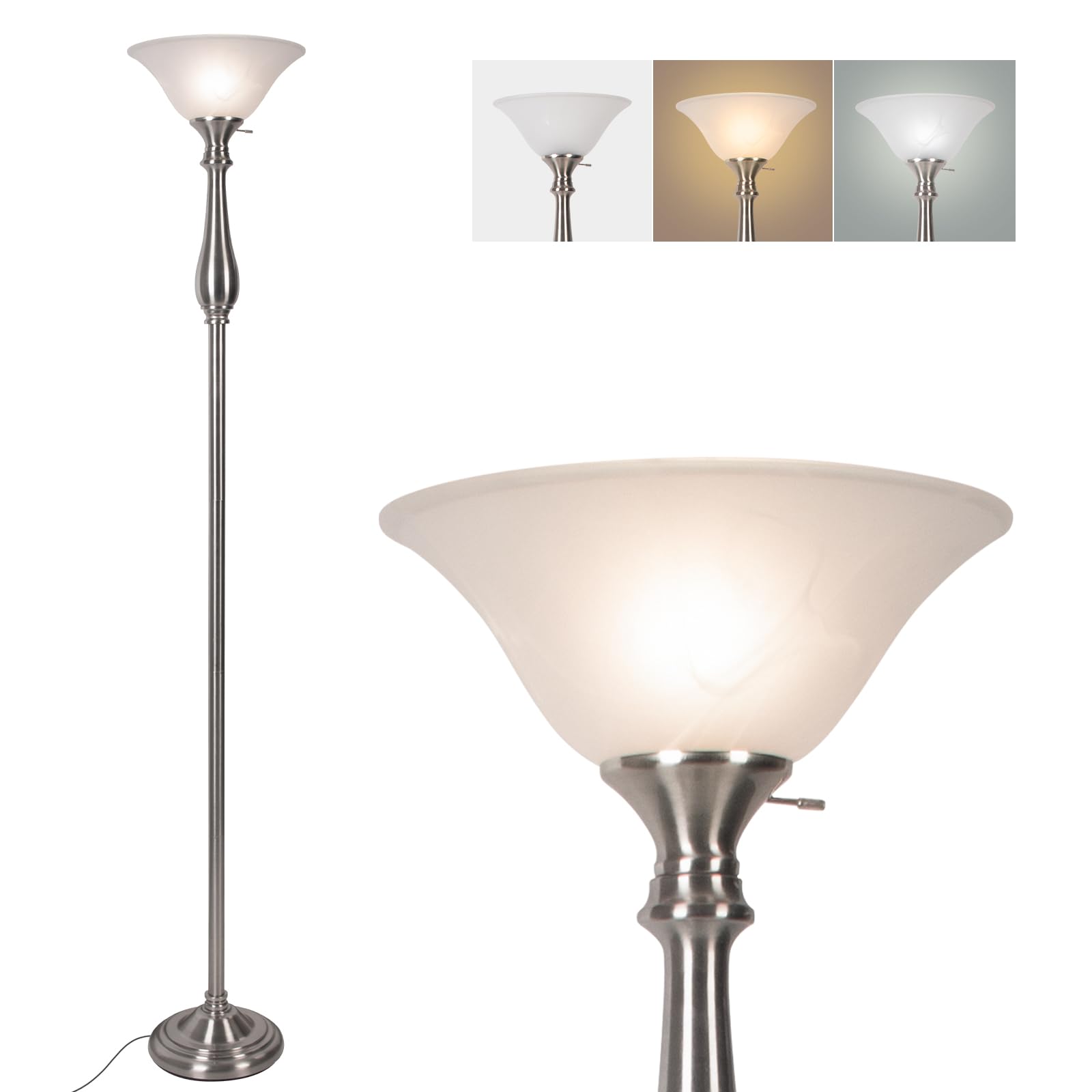 HonoDing Torchiere Floor Lamp for Living Room, Standing Lamp with White Alabaster Glass Shade, Iron Brushed Nickel Floor Lamps, 