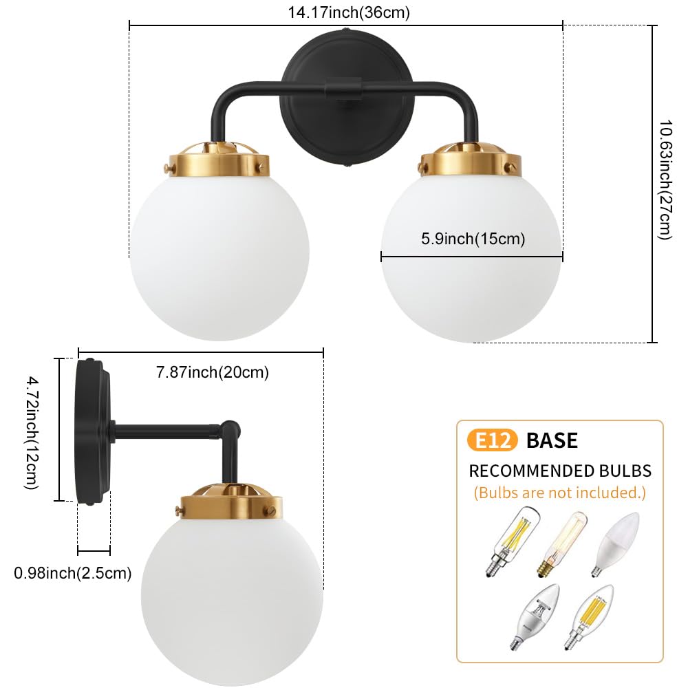 Deyidn Black Gold Bathroom Light Fixtures Over Mirror, Modern Vanity Lighting With Milk White Glass Globe Shades 2-Light Farmhou