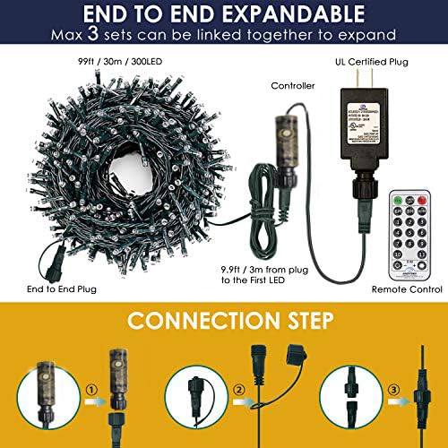Decute Colors Changing Christmas Tree Lights 4 Colors In 1 String Lights, 11 Modes 300Leds 108Ft Extendable Waterproof Indoor Ou
