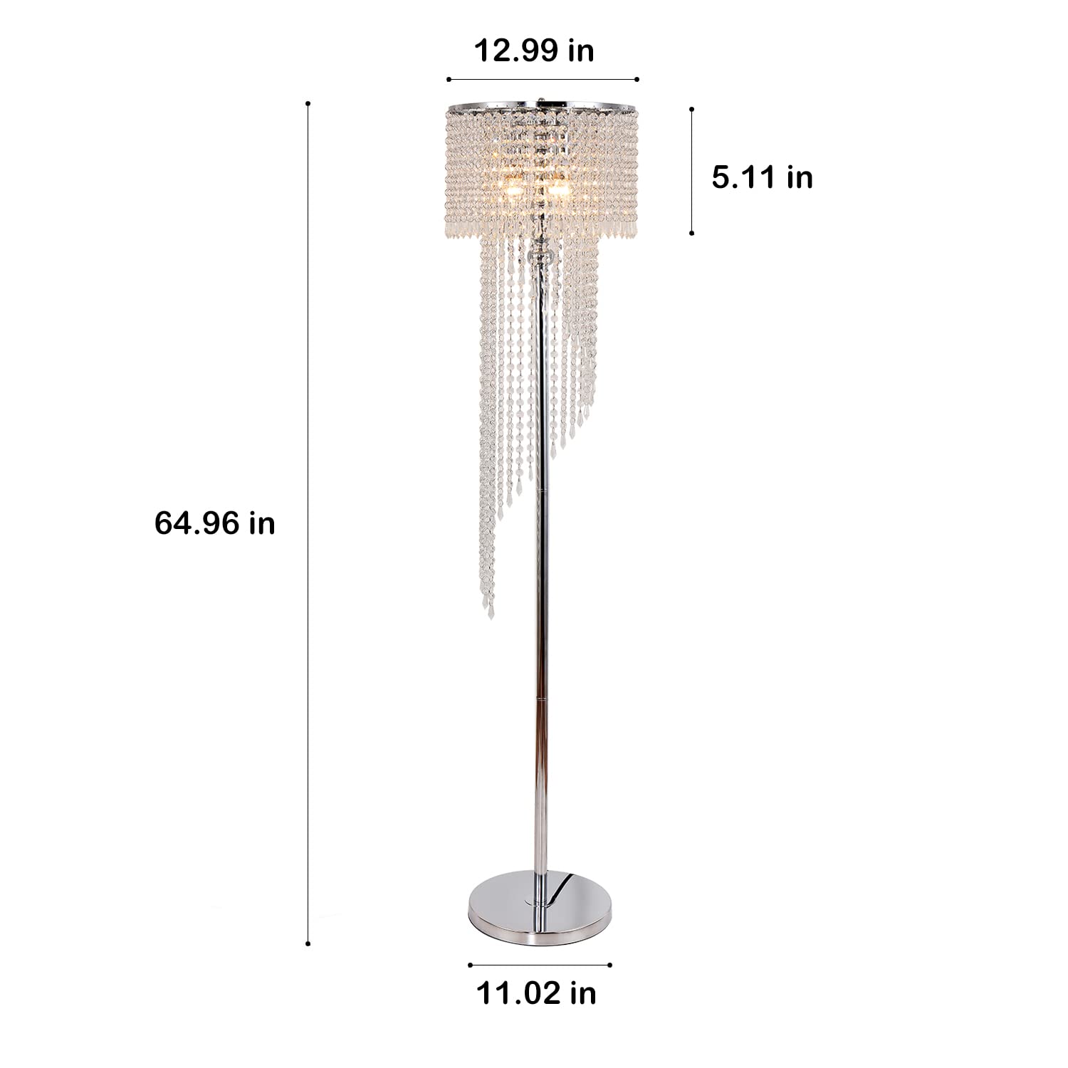 beaysyty Chrome Finish Floor Lamp with Crystals - 3 Lights for Reading Corner, Office, Cafe, Living Room, Bedroom - Silver