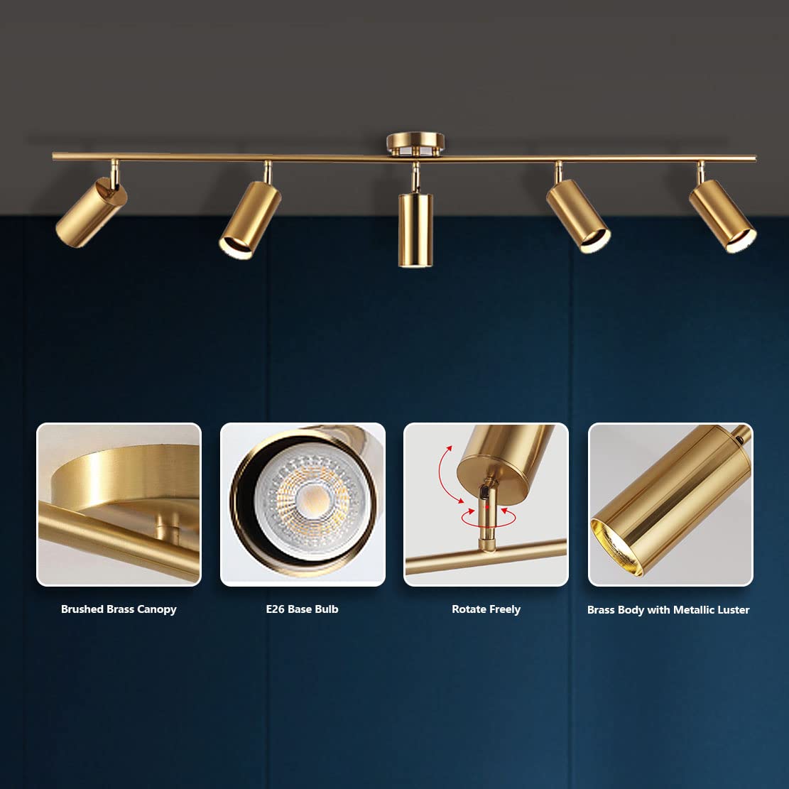 KCO Lighting Modern 5-Lights LED Track Lighting Kit Brushed Brass Kitchen Ceiling Spotlights Light Fixture Mid Century Gold Adju
