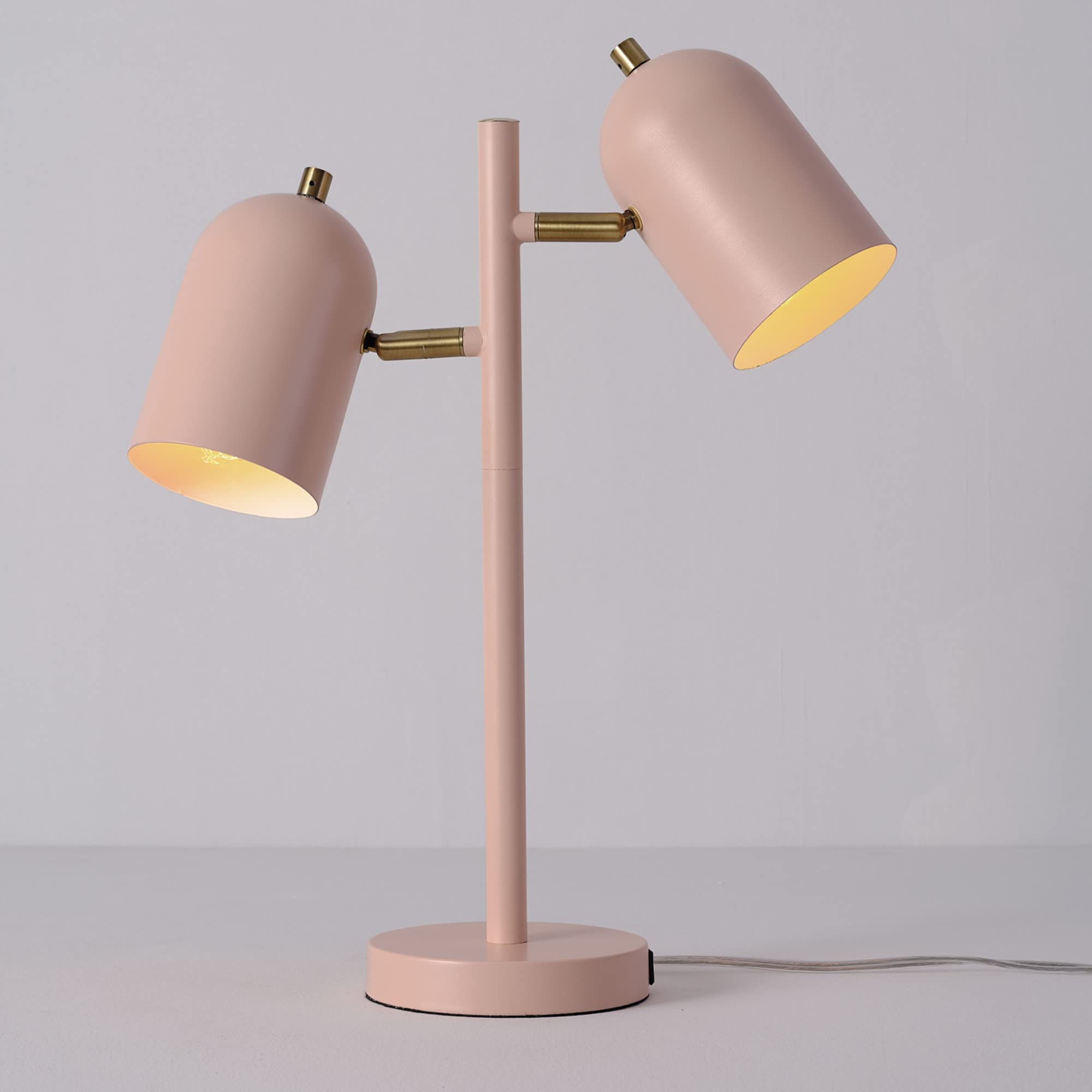Globe Electric 30290 Carter 18'' 2-Light Desk Lamp, Matte Pink, Matte Brass Accents, 2.1A Usb Port, On/Off Rotary Switch On Each