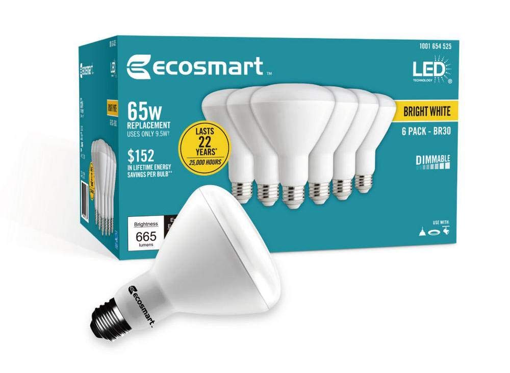 EcoSmart LED BR30 Flood Bulb, 9W (65W Replacement), 655 Lumens, 3000K, Dimmable, White, 6-Pack