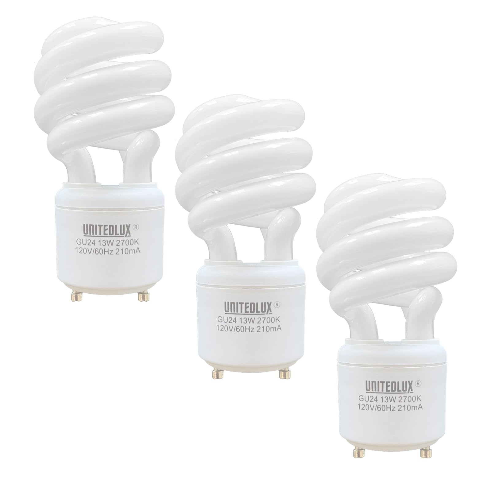 Unitedlux 13Watt T2 Spiral Cfl Gu24 2 Prong Light Bulb Base 2700K 900Lm 120V 60Hz Light Bulb- Mini Twist Lock Spiral -Self Ballasted Compact Fluorescent Soft White Pack Of 3