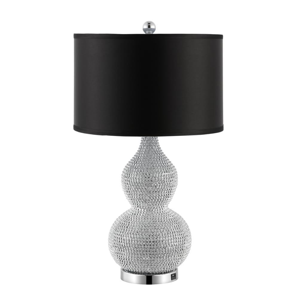SAFAVIEH Nicole Modern Table Lamp Set of 2 - 25" Silver Bead Base with Black Shade, LED Bulbs Included, Model LIT4014A-SET2
