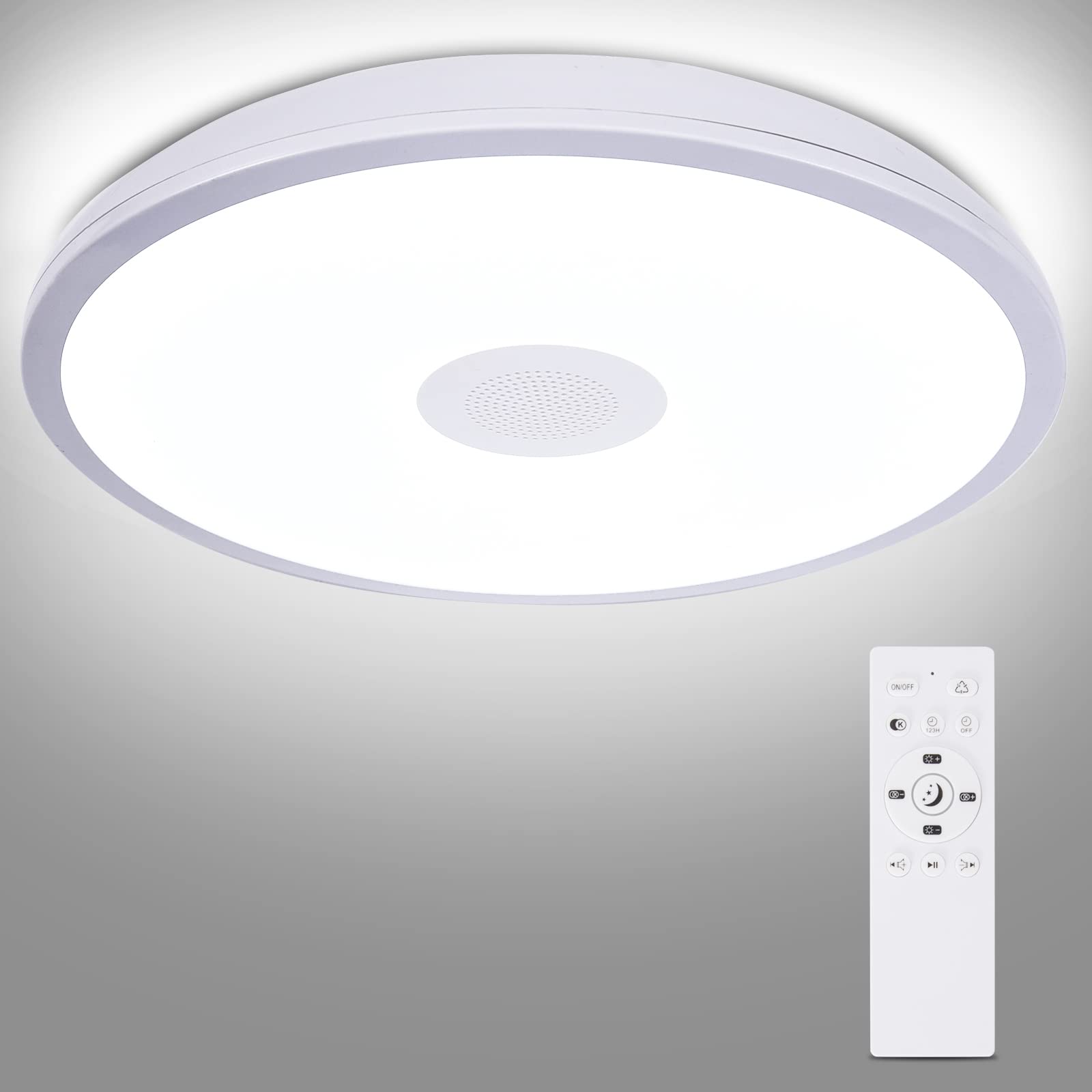 HOREVO 18W LED Bathroom Ceiling Light Fixture with Bluetooth Speaker, Waterproof IP65, Remote Control, White, Model B022