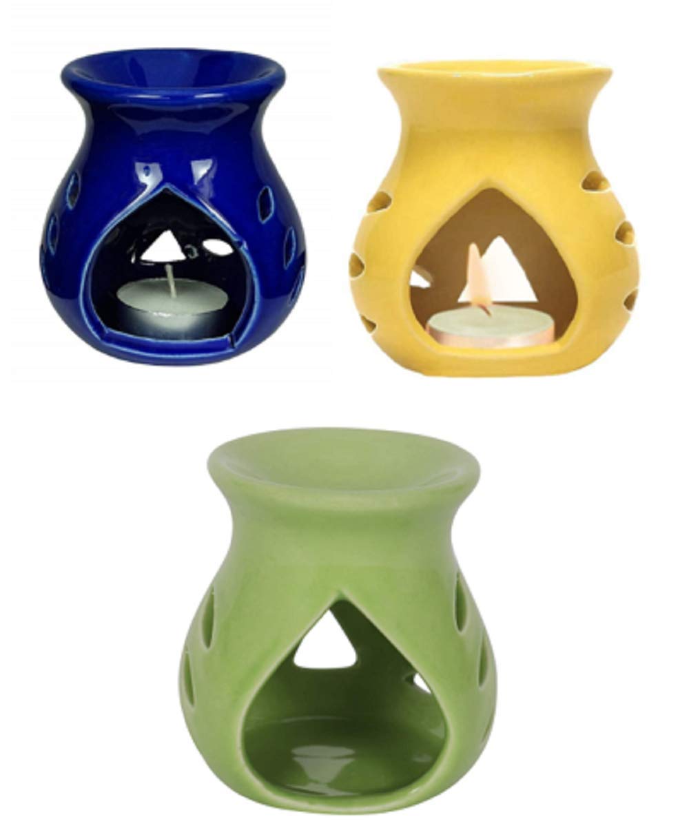 Ceramic Clay Candle Operated Oil Burner Aroma Diffuser for Fragrance (Blue & Green & Yellow) -Set of 3