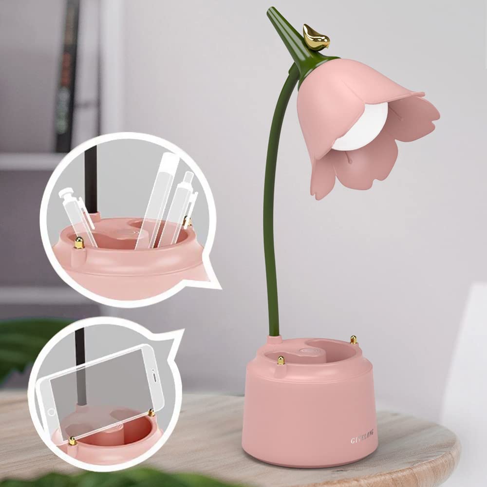 KoudHug Pink Cute Desk Lamp for Kid, Rechargeable LED Lamp with USB Charging Port, Flexible Gooseneck, 3 Color Modes & Stepless 